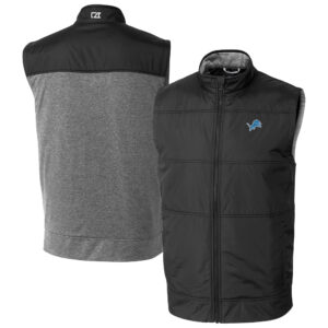 Men's Cutter & Buck Black Detroit Lions Big & Tall Stealth Hybrid Quilted Full-Zip DryTec Windbreaker Vest