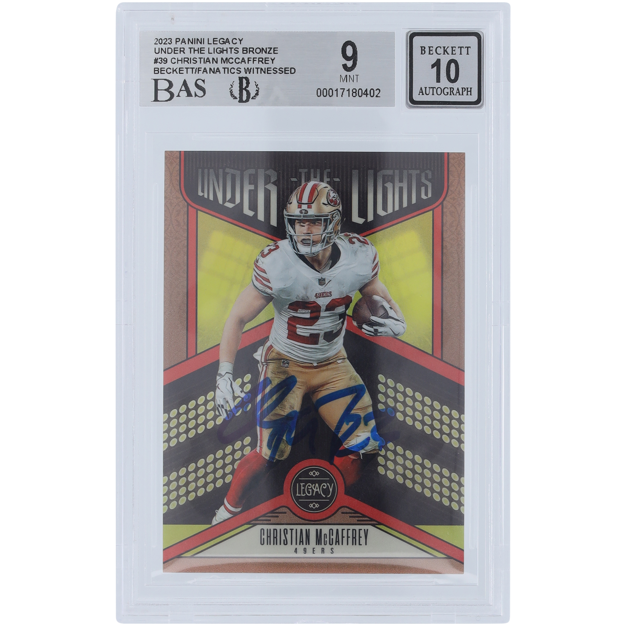 Christian McCaffrey San Francisco 49ers Autographed 2023 Panini Legacy Under The Lights Bronze #UL-CMC #/100 Beckett Fanatics Witnessed Authenticated 9/10 Card