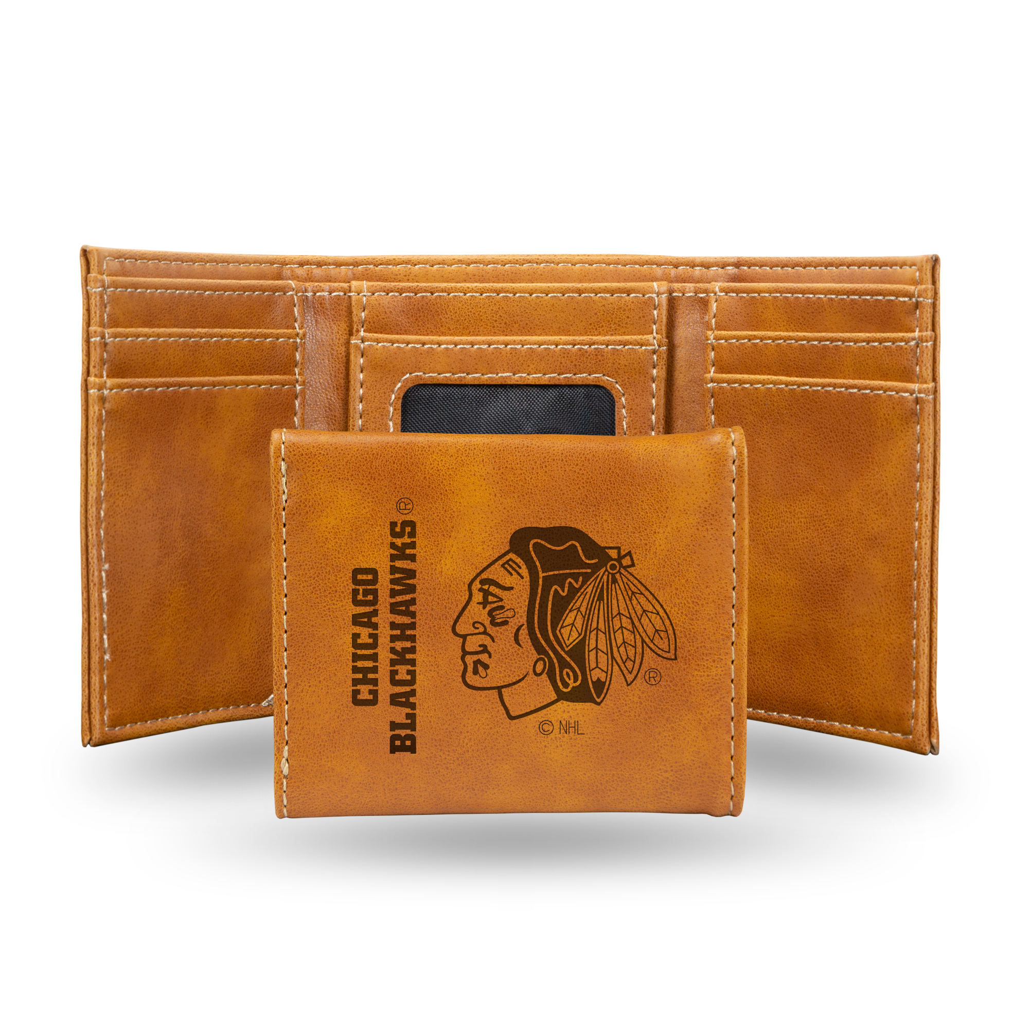 Brown Chicago Blackhawks Laser Engraved Tri-Fold Wallet
