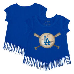 Girls Toddler Tiny Turnip Royal Los Angeles Dodgers Baseball Cross Bats Fringe T-Shirt