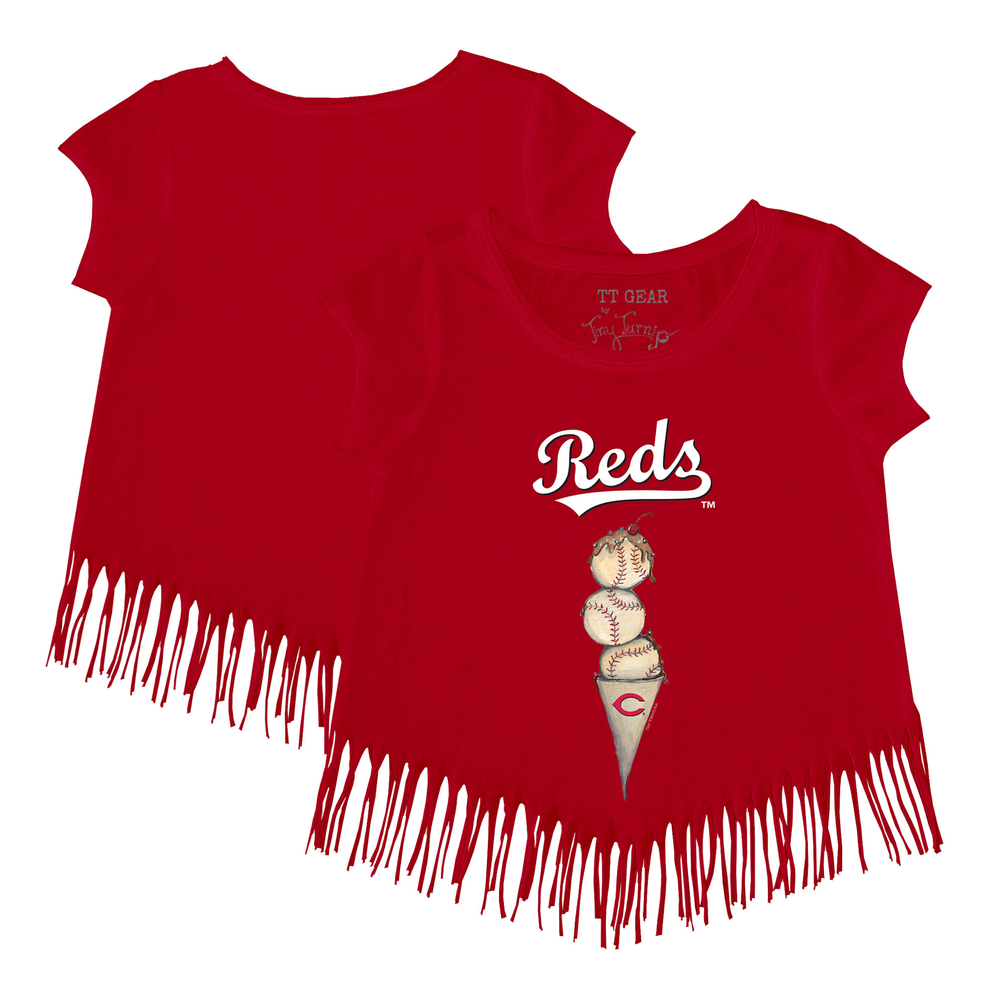 Girls Toddler Tiny Turnip Red Cincinnati Reds Triple Scoop Fringe T-Shirt