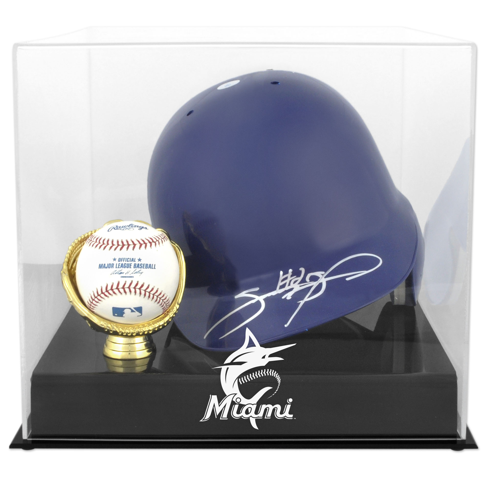 Miami Marlins Batting Helmet with Ball Holder 2019 Logo Display Case