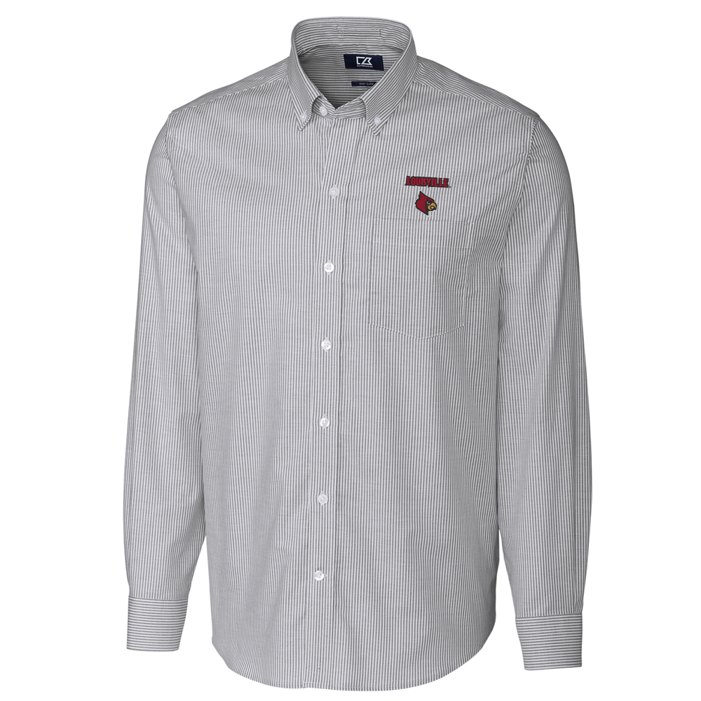 Men's Cutter & Buck Charcoal Louisville Cardinals Big & Tall Stretch Oxford Stripe Long Sleeve Button Down Shirt