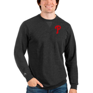 Men's Antigua Heathered Black Philadelphia Phillies Reward Crewneck Pullover Sweatshirt