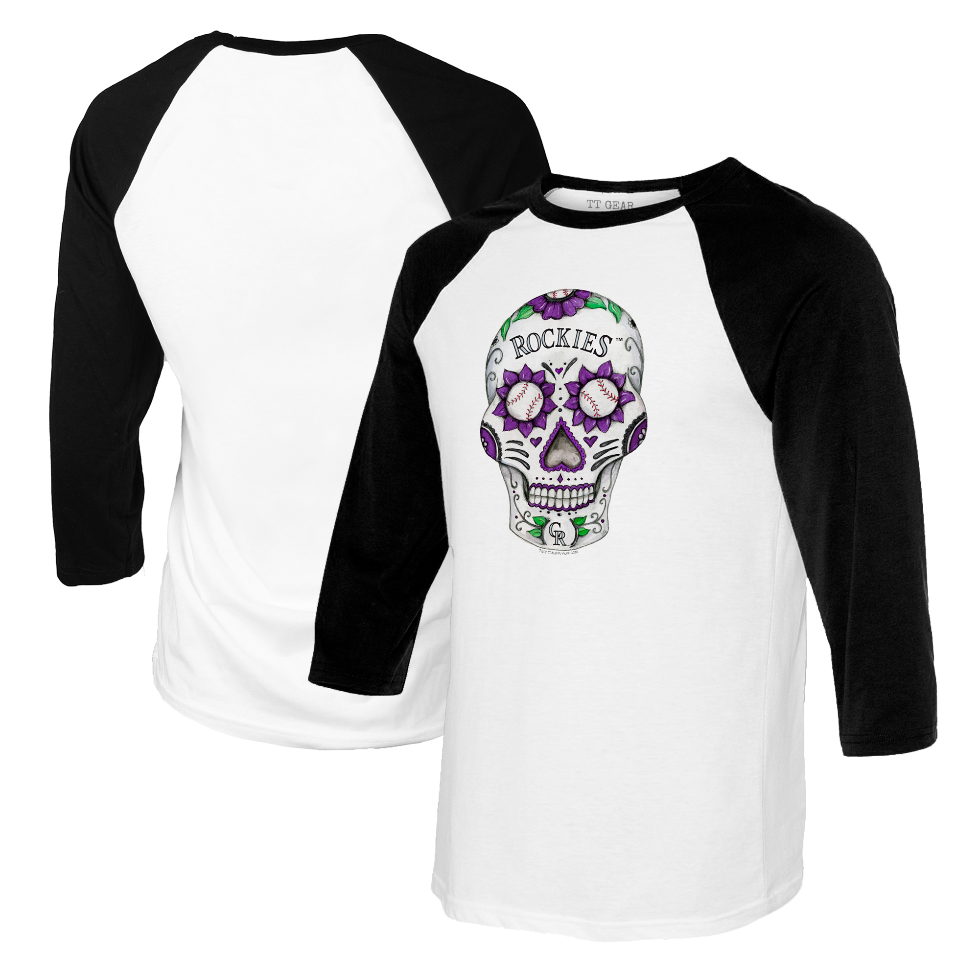Women's Tiny Turnip White/Black Colorado Rockies Sugar Skull 3/4-Sleeve Raglan T-Shirt