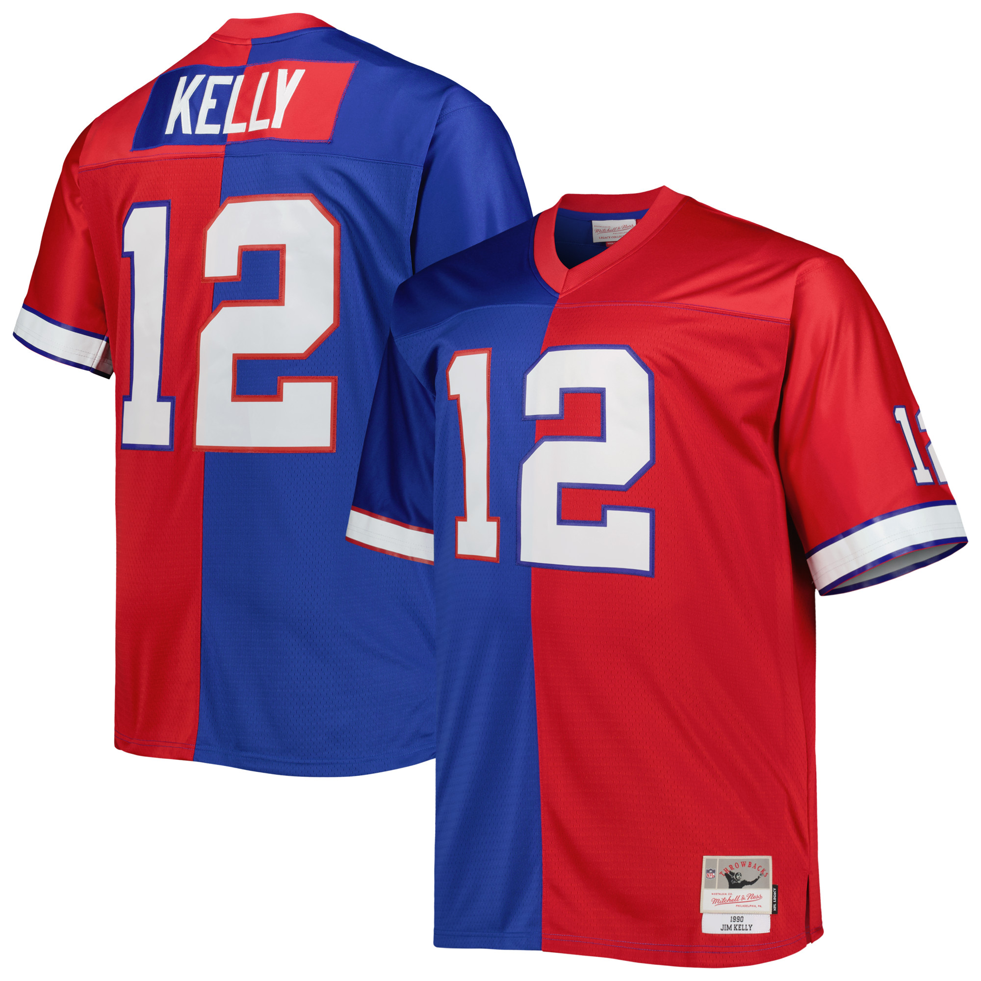 Men's Mitchell & Ness Jim Kelly Royal/Red Buffalo Bills Big & Tall Split Legacy Retired Player Replica Jersey