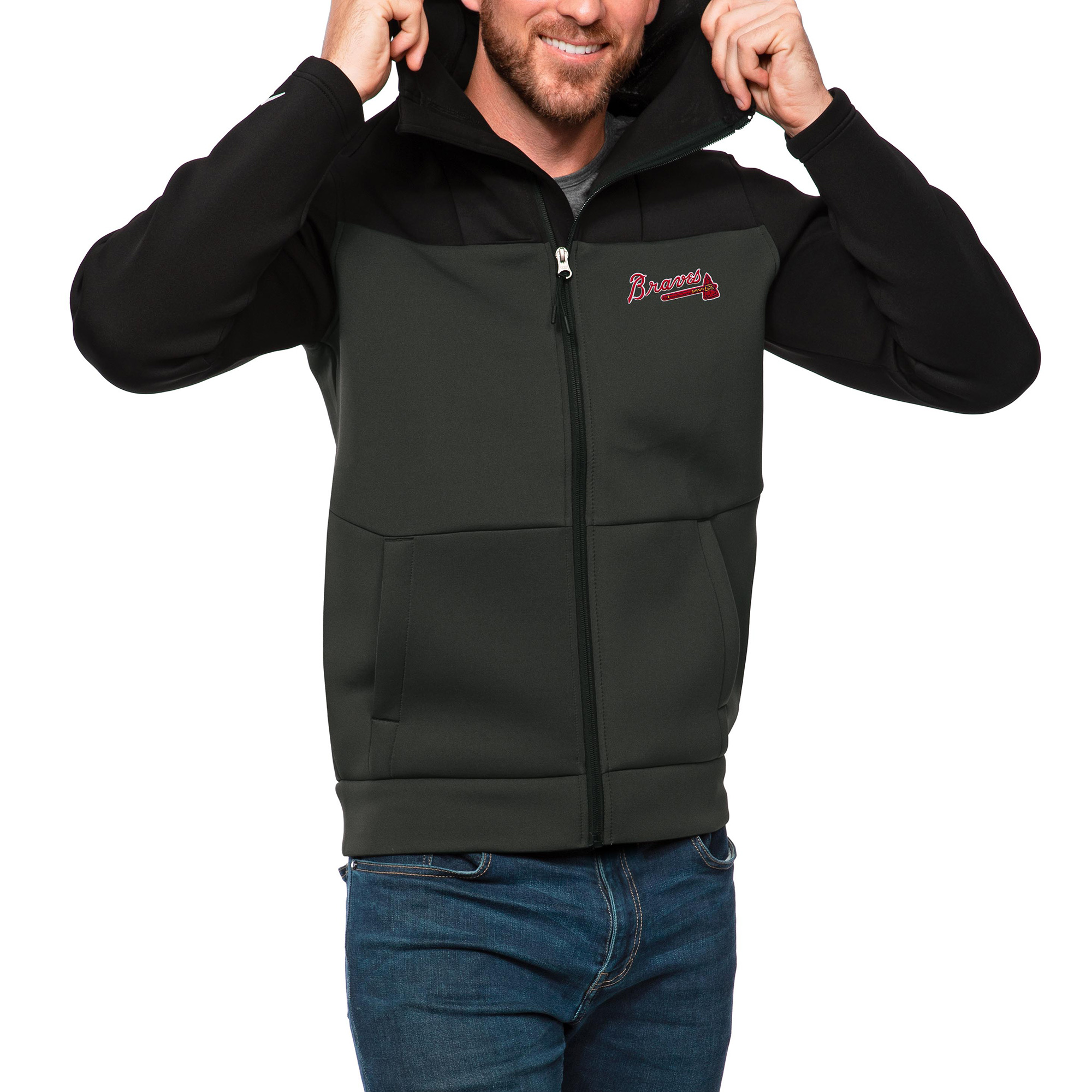 Men's Antigua Black/Charcoal Atlanta Braves Protect Full-Zip Hoodie