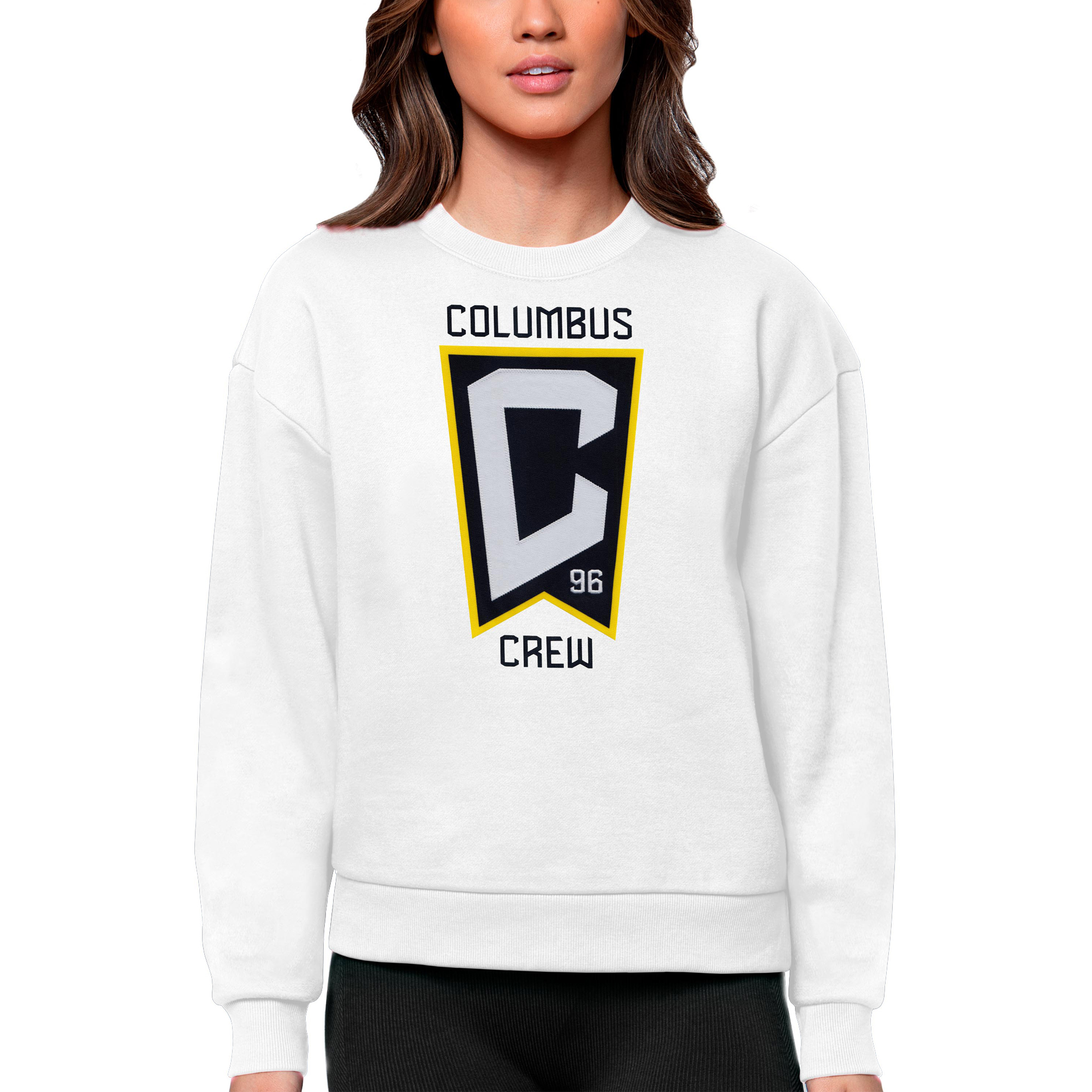 Women's Antigua White Columbus Crew Team Logo Victory Pullover Sweatshirt