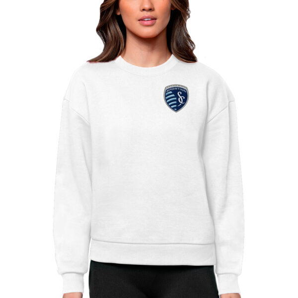 Women's Antigua White Sporting Kansas City Team Logo Victory Pullover Sweatshirt