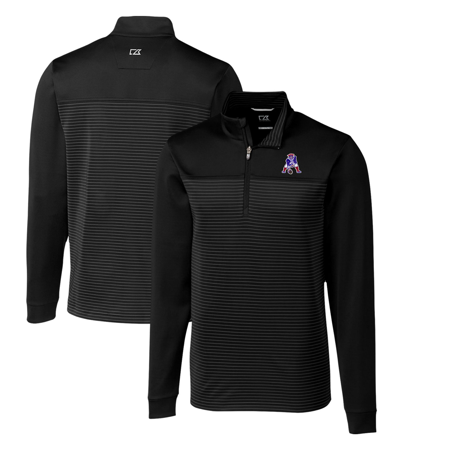 Men's Cutter & Buck Black New England Patriots Throwback Logo Traverse Stripe Stretch Quarter-Zip Pullover Top