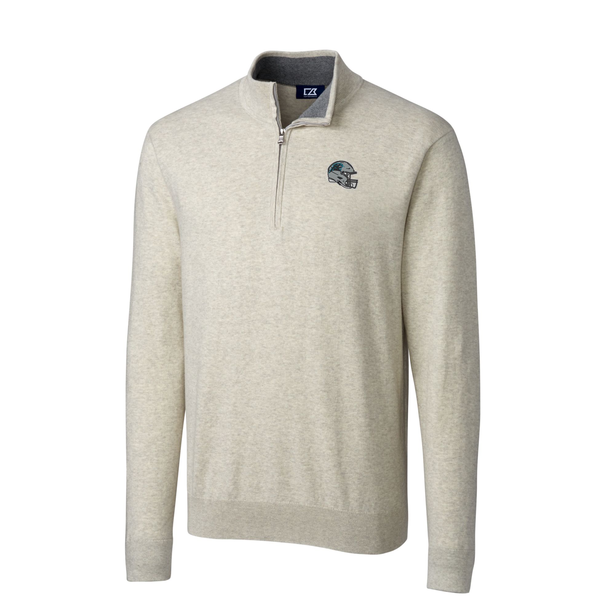 Men's Cutter & Buck Oatmeal Carolina Panthers Helmet Lakemont Tri-Blend Quarter-Zip Pullover Sweater - Image 6