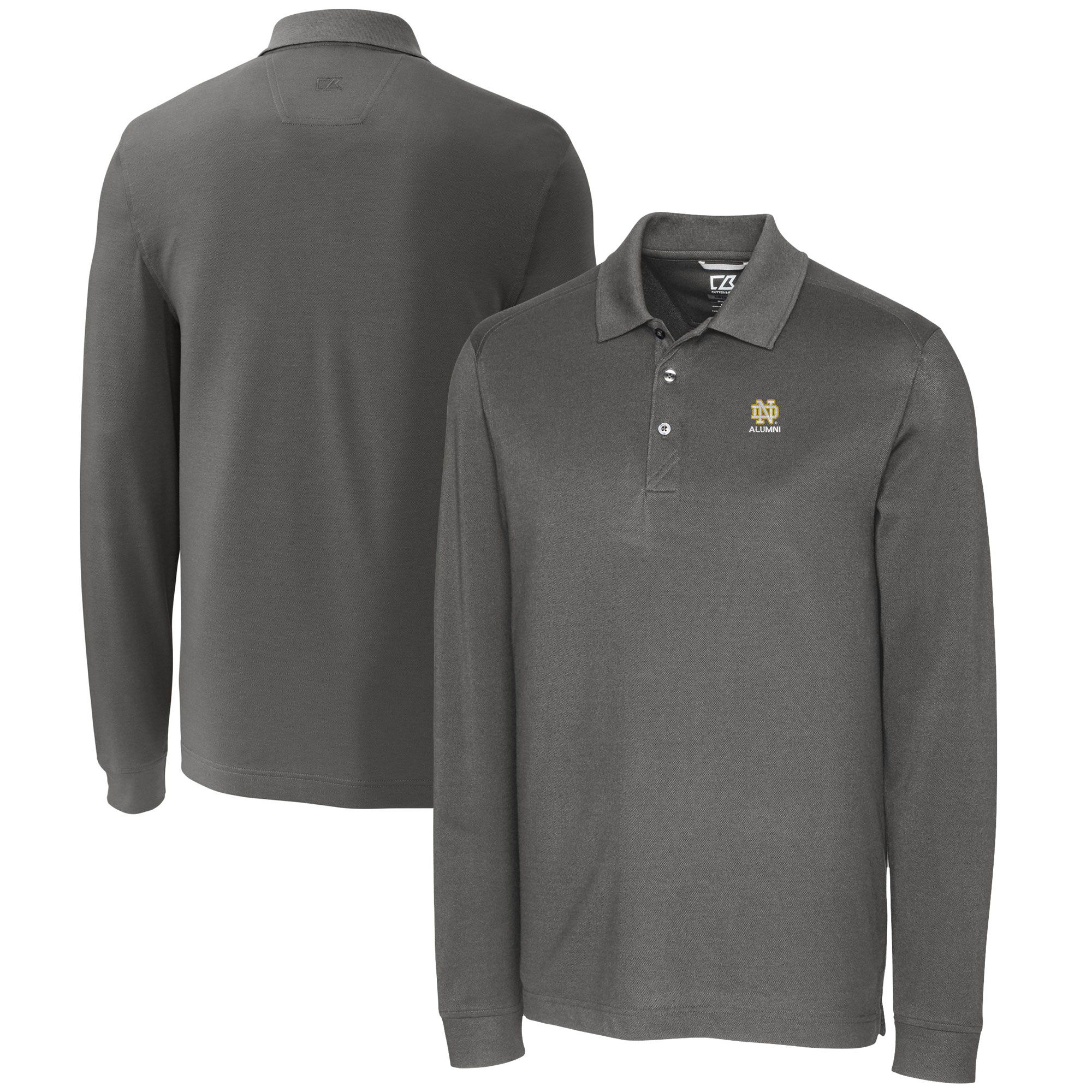 Men's Cutter & Buck Gray Notre Dame Fighting Irish Alumni Logo Advantage Tri-Blend Pique Long Sleeve DryTec Polo