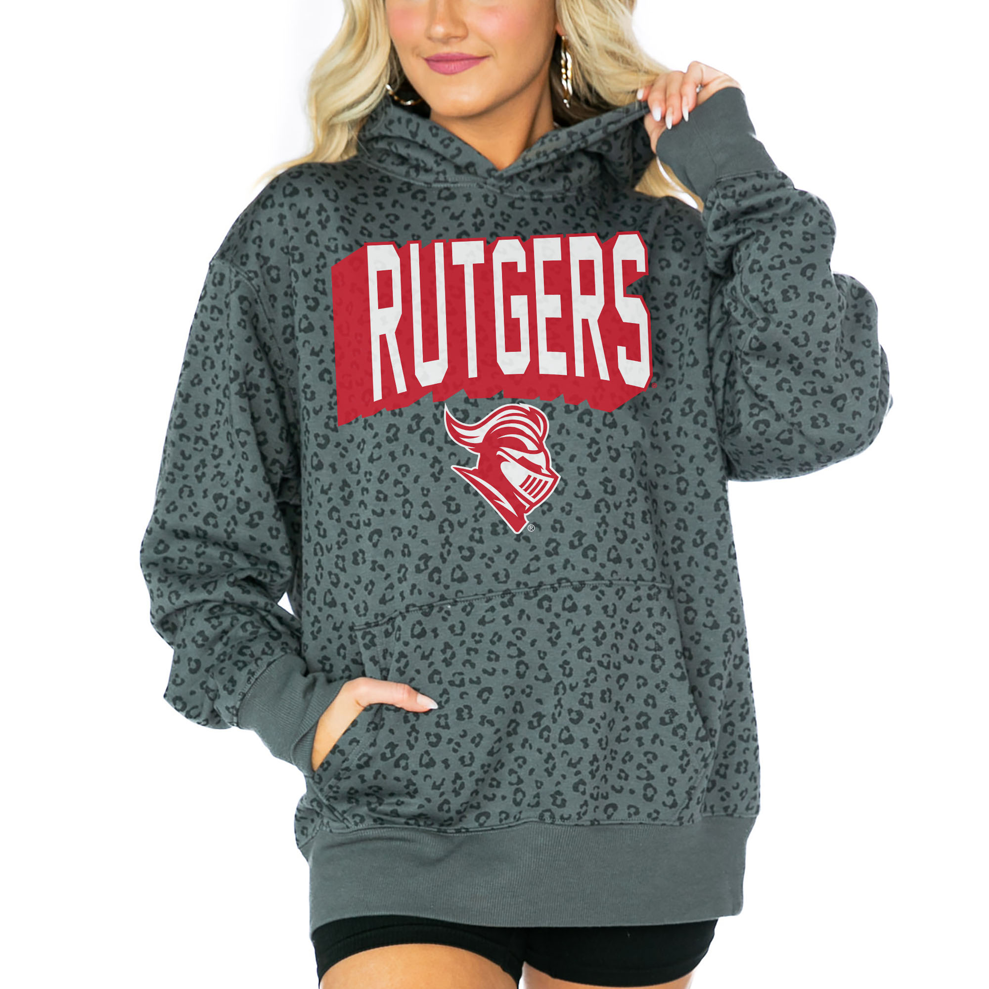 Women's Gameday Couture Black Rutgers Scarlet Knights Running Wild Leopard Print Pullover Hoodie