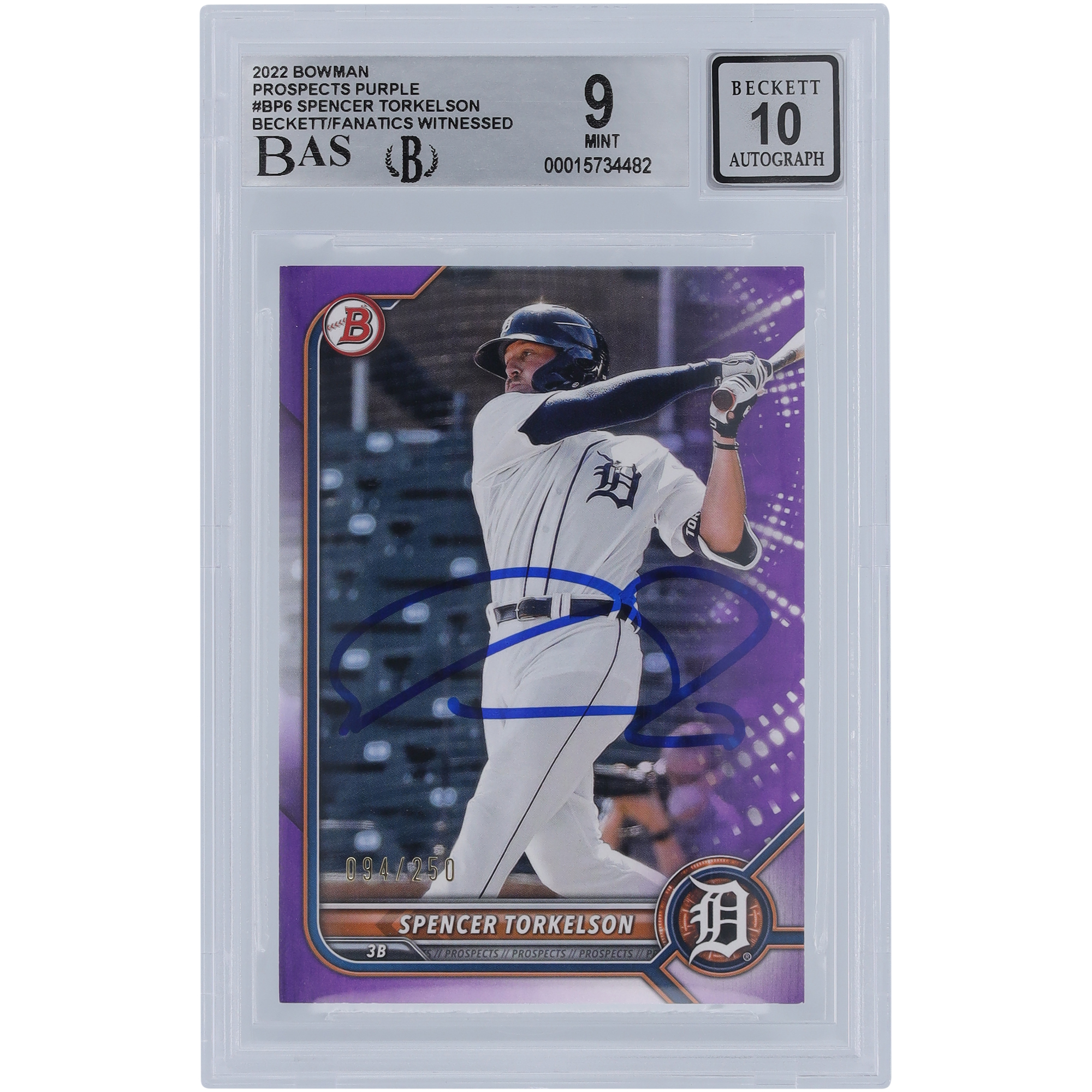 Spencer Torkelson Detroit Tigers Autographed 2022 Bowman Purple #BP6 #/250 Beckett Fanatics Witnessed Authenticated 9/10 Rookie Card - Image 4