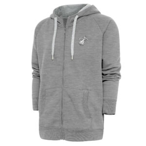 Men's Antigua Heather Gray Miami Heat Metallic Logo Victory Raglan Full-Zip Hoodie
