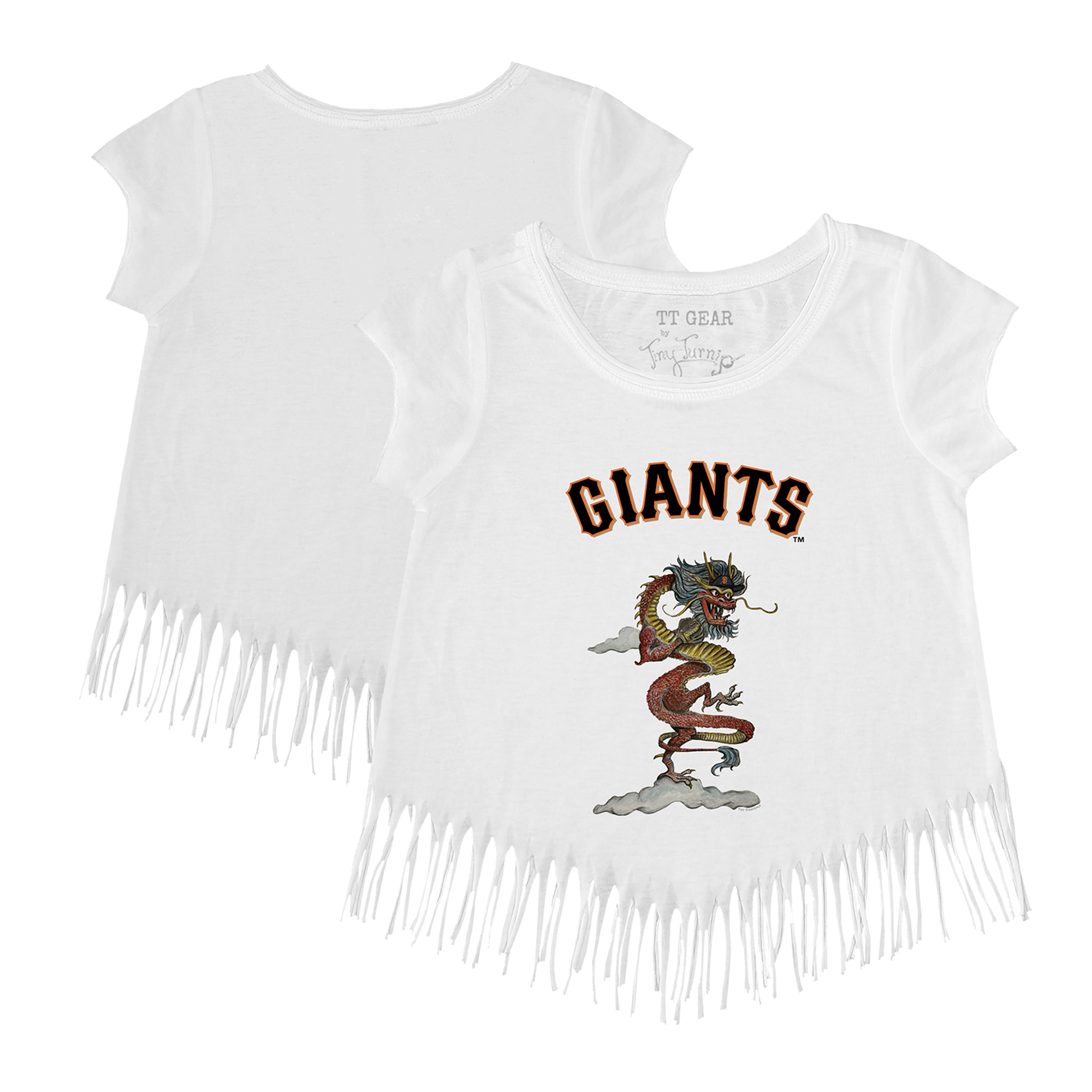 Girls Youth Tiny Turnip White San Francisco Giants 2024 Year of the Dragon Fringe T-Shirt