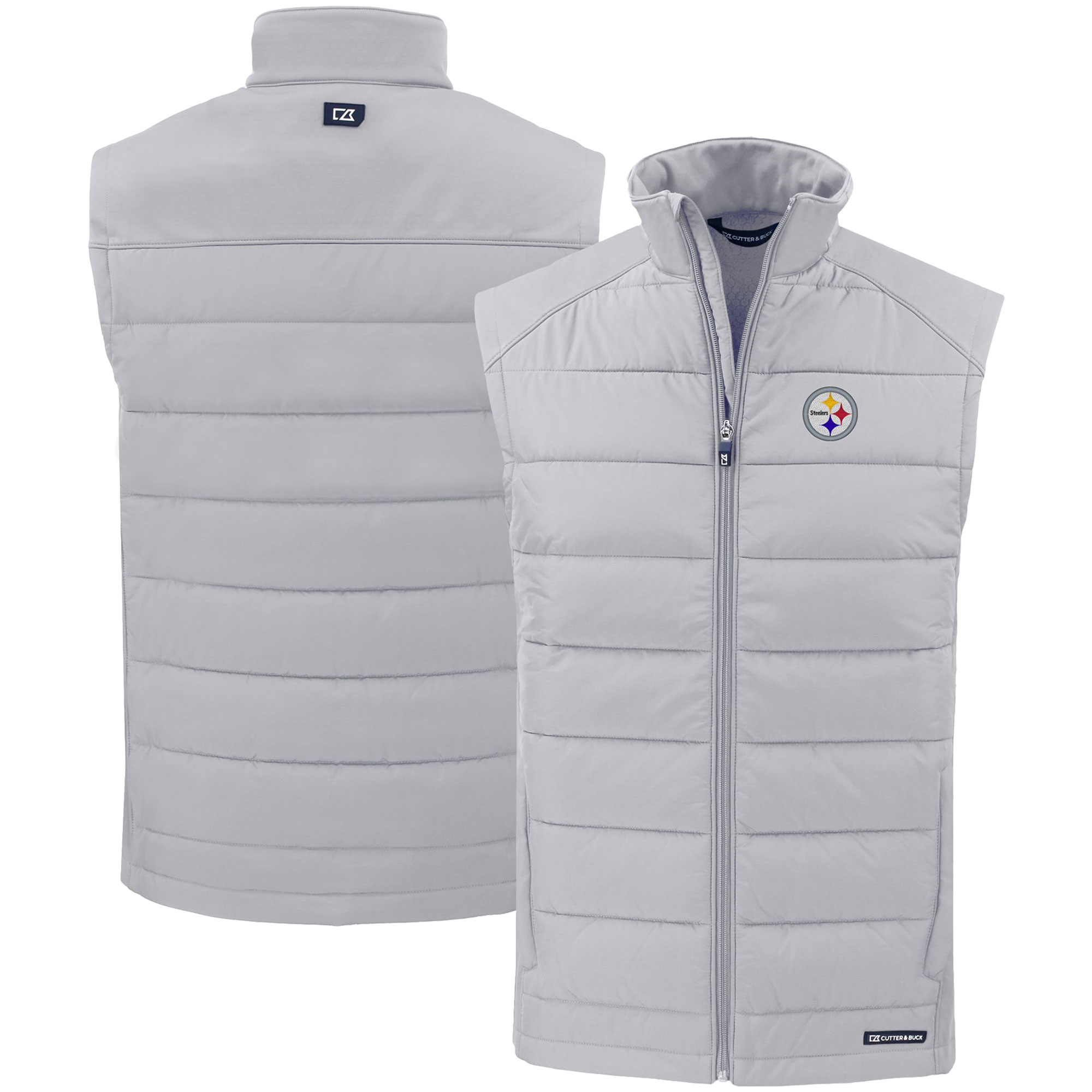 Men's Cutter & Buck Gray Pittsburgh Steelers Primary Mark Evoke PrimaLoft Hybrid Eco Softshell Recycled Full-Zip Vest
