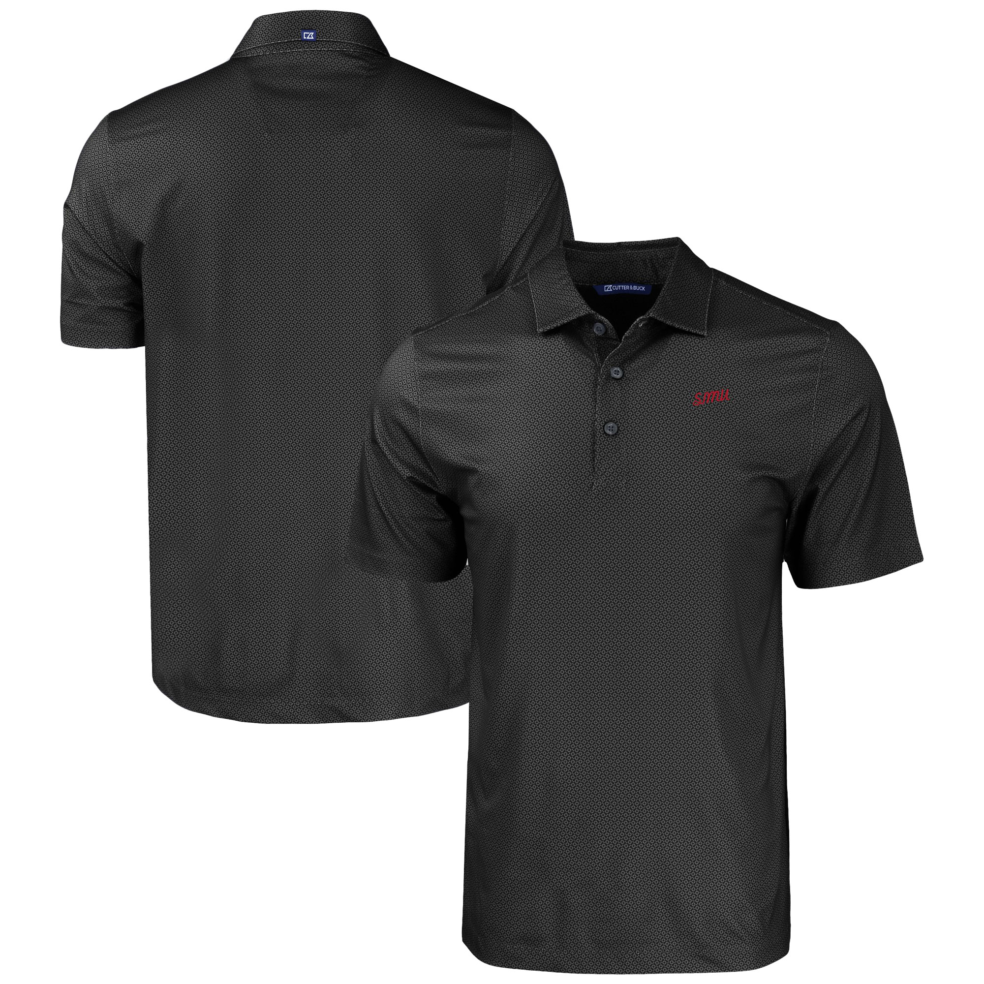 Men's Cutter & Buck Black SMU Mustangs Pike Eco Tonal Geo Print Stretch Recycled Polo
