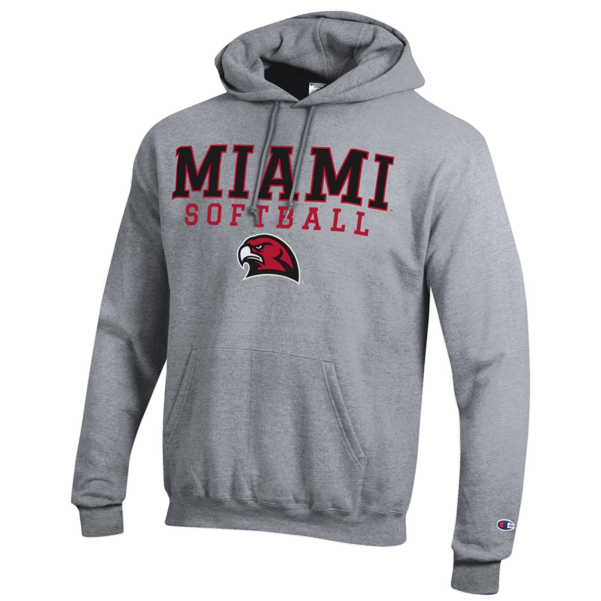 Men's Champion Gray Miami University RedHawks Stack Logo Softball Powerblend Pullover Hoodie - Image 6