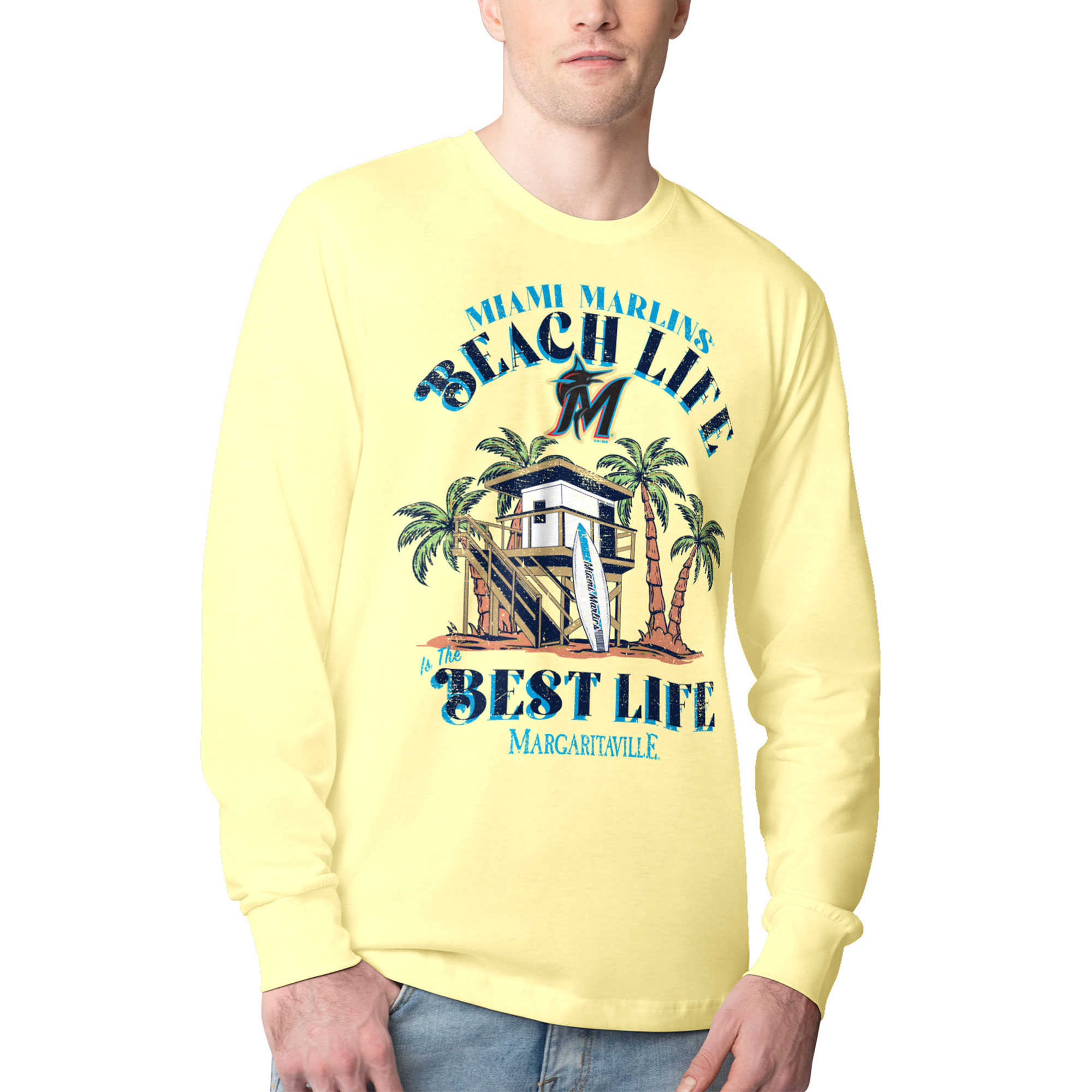 Men's Margaritaville Yellow Miami Marlins Beach Hut Graphic Long Sleeve T-Shirt - Image 4