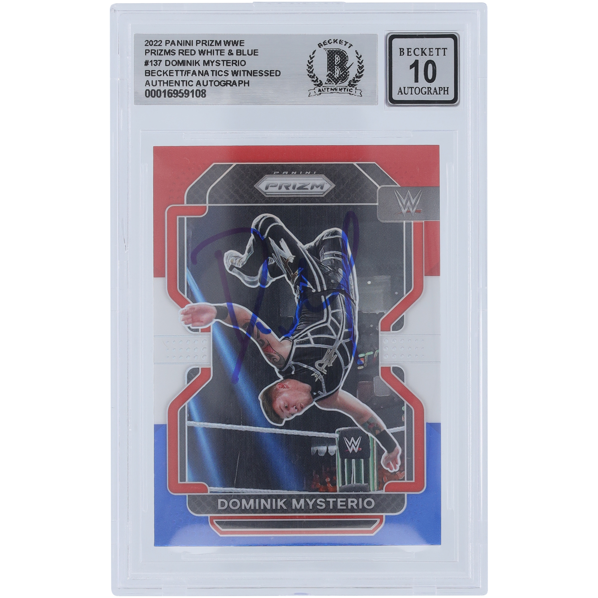 Dominik Mysterio WWE Autographed 2022 Panini Prizm Red White & Blue Prizm #137 Beckett Fanatics Witnessed Authenticated 10 Card