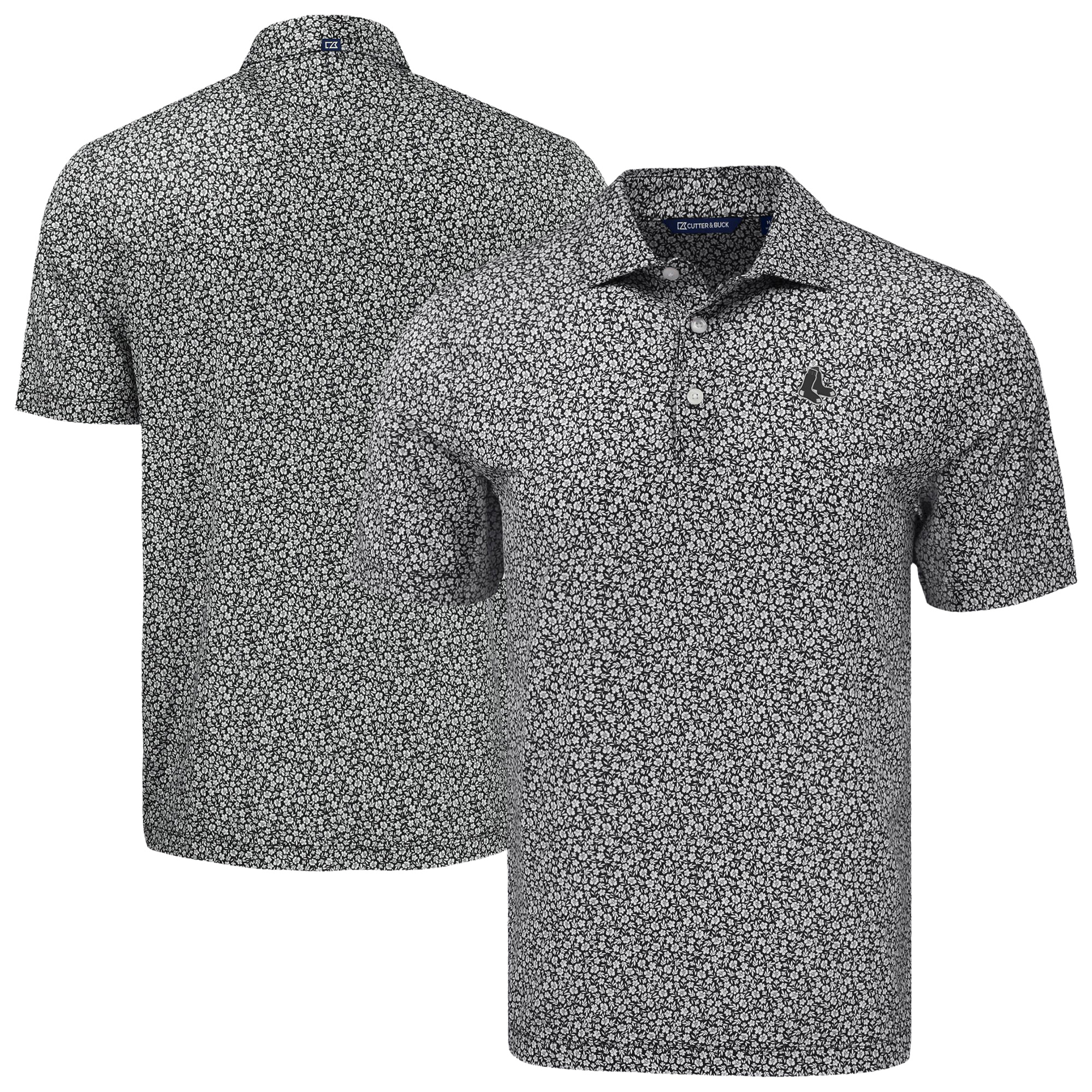 Men's Cutter & Buck Black Boston Red Sox Big & Tall Pike Eco Flora Print Recycled Polo