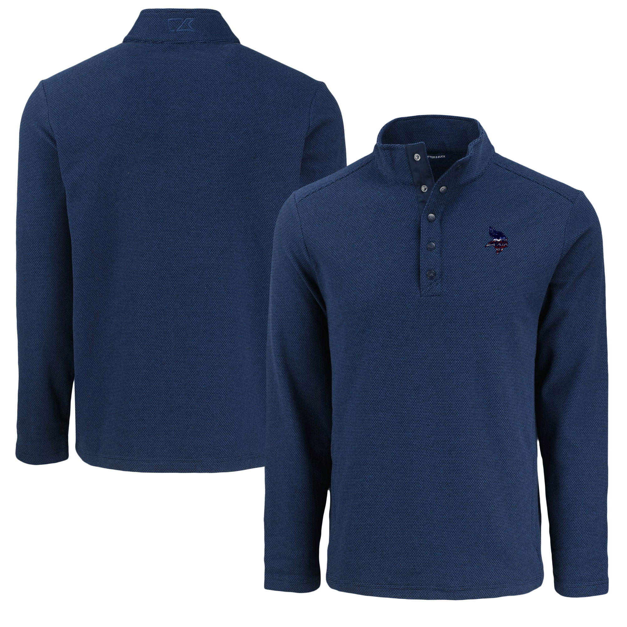 Men's Cutter & Buck Navy Minnesota Vikings Hunts Point Eco Textured Fleece Recycled Half-Snap Sweatshirt