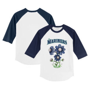 Youth Tiny Turnip White/Navy Seattle Mariners Blooming Baseballs 3/4-Sleeve Raglan T-Shirt