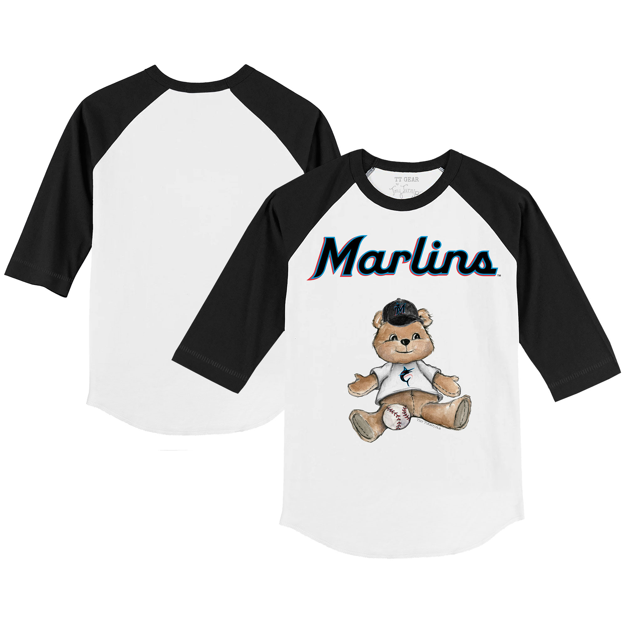 Youth Tiny Turnip White/Black Miami Marlins Teddy Boy 3/4-Sleeve Raglan T-Shirt - Image 2
