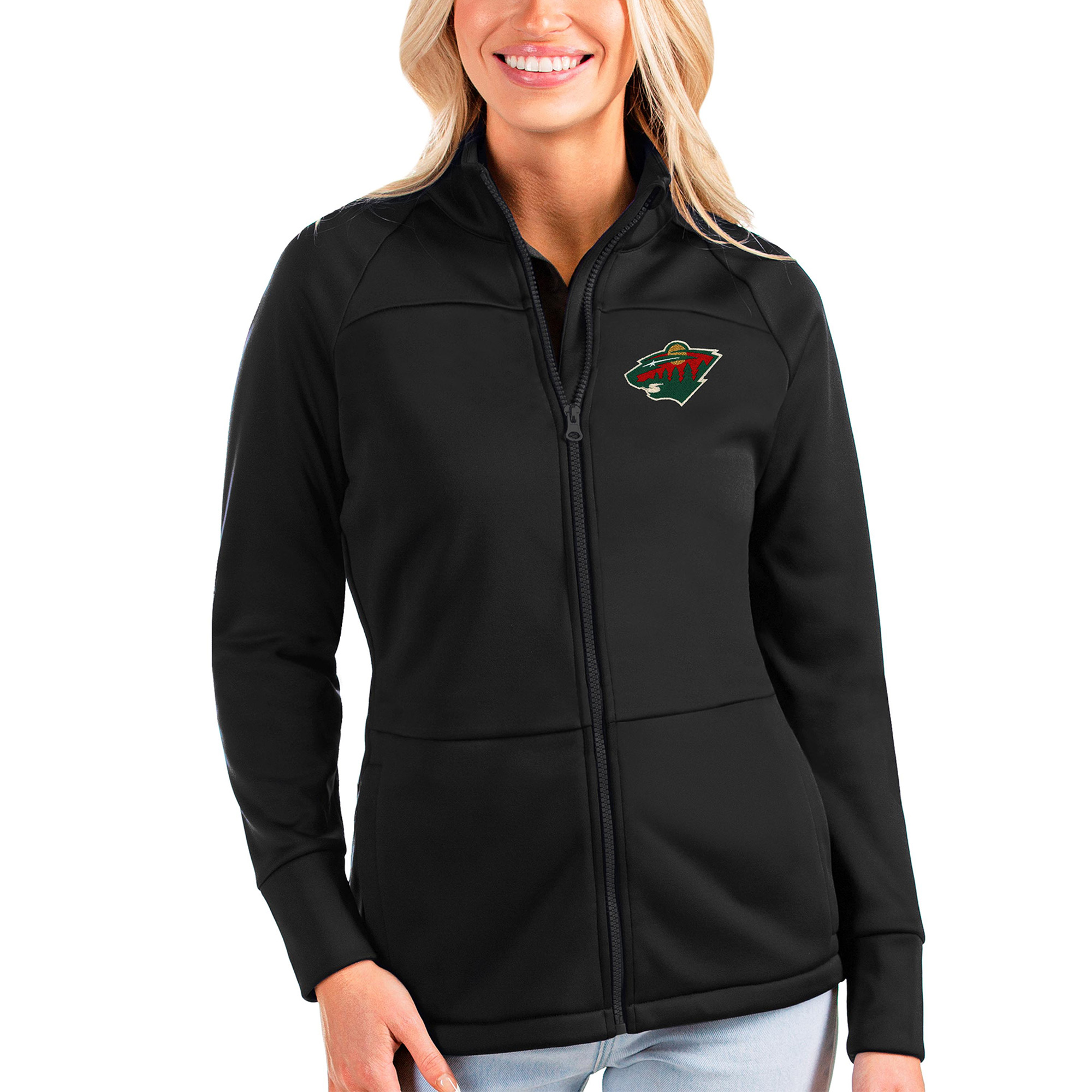 Women's Antigua Black Minnesota Wild Links Full-Zip Golf Jacket