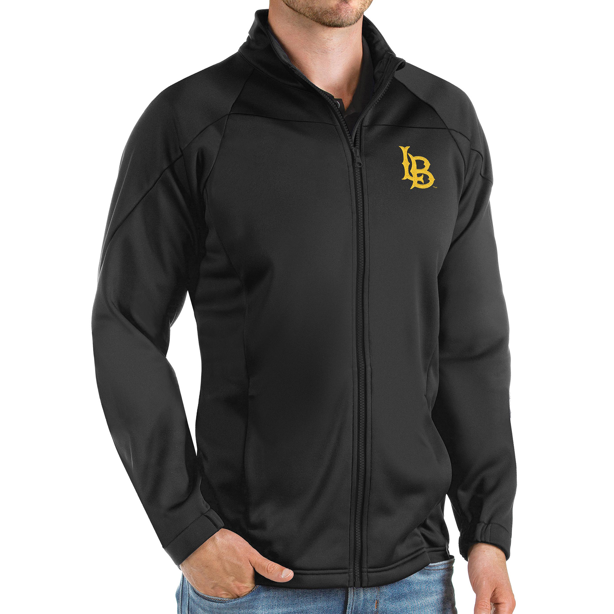 Men's Antigua Black Cal State Long Beach The Beach Links Full-Zip Golf Jacket
