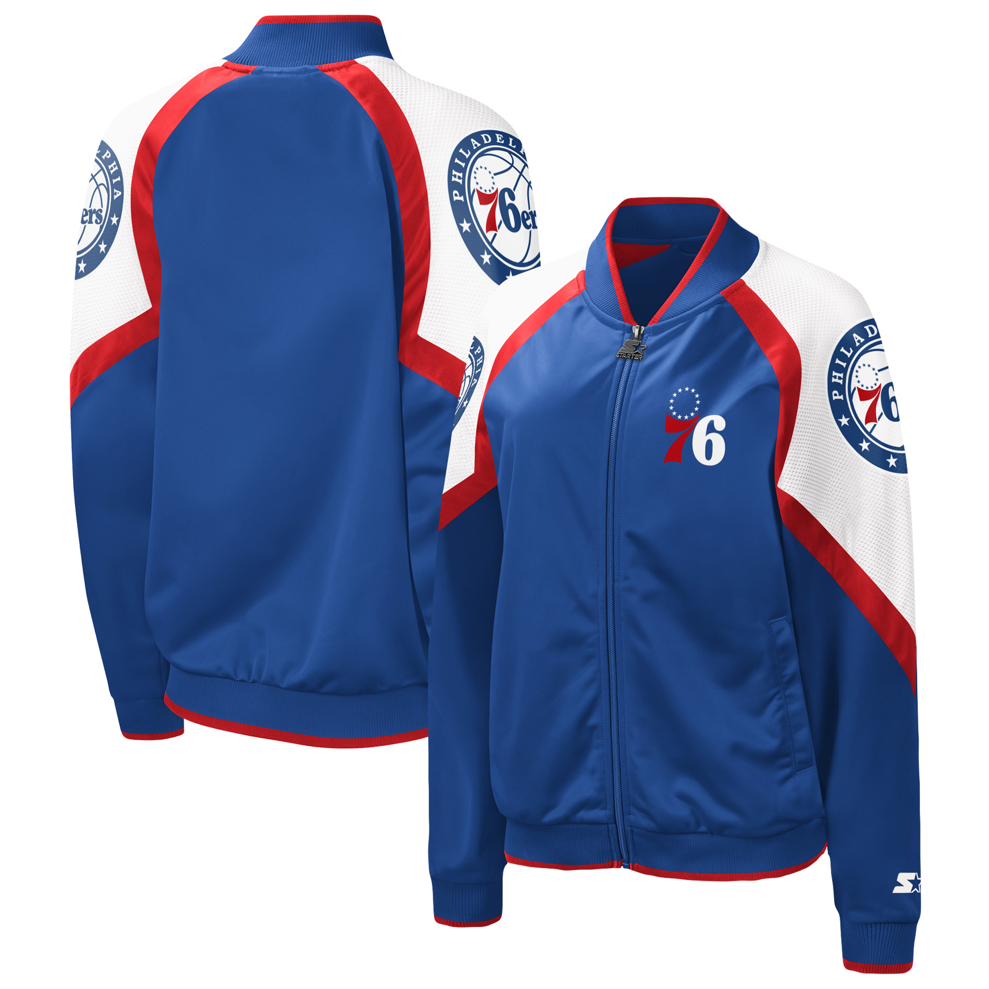 Women's Starter Royal/Red Philadelphia 76ers Fan Girl Satin Raglan Full-Zip Jacket - Image 5