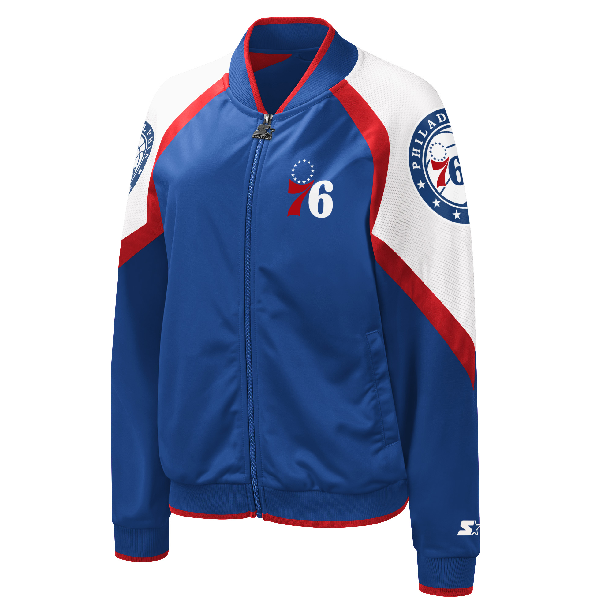 Women's Starter Royal/Red Philadelphia 76ers Fan Girl Satin Raglan Full-Zip Jacket - Image 3