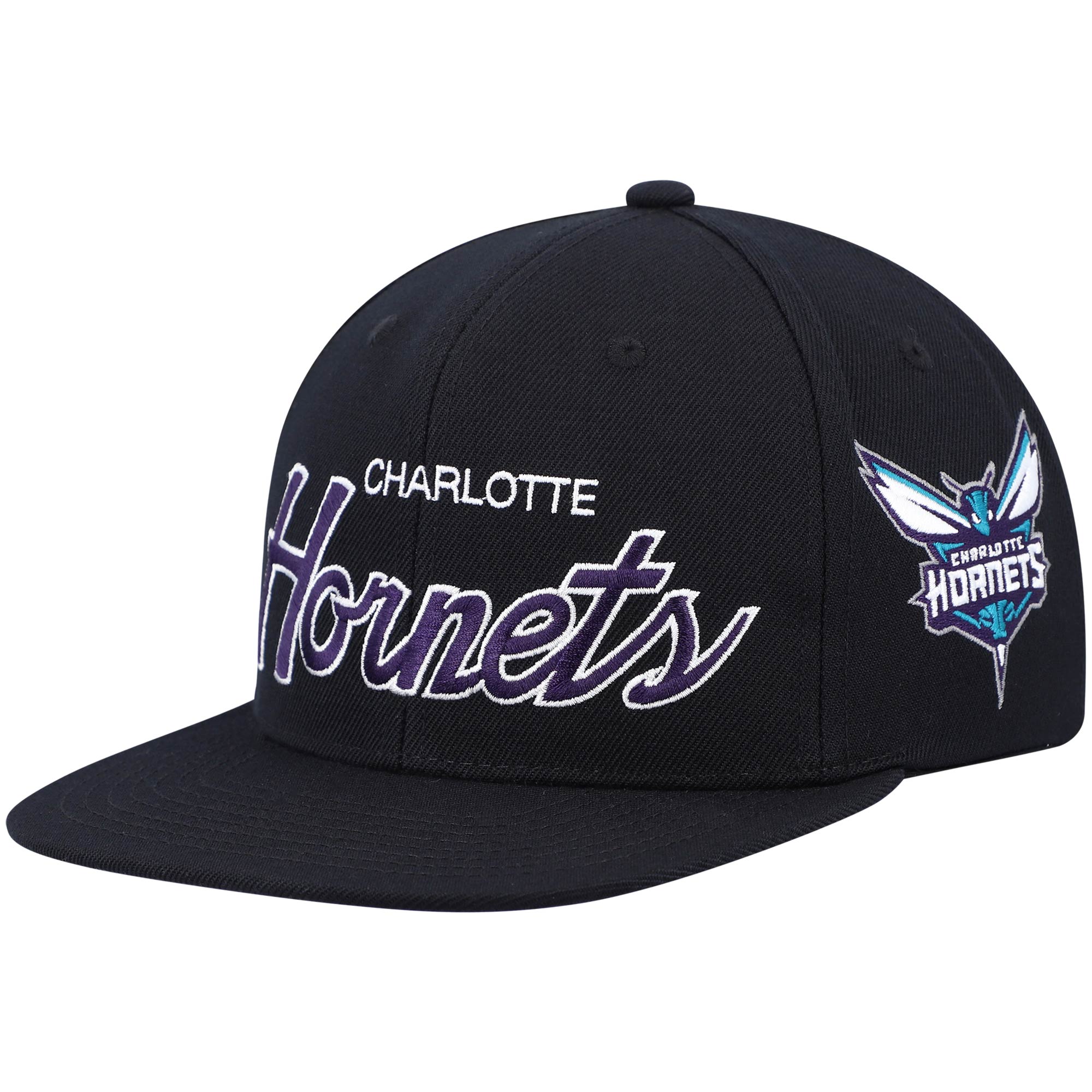 Men's Mitchell & Ness Black Charlotte Hornets Hardwood Classics Script 2.0 Snapback Hat - Image 7