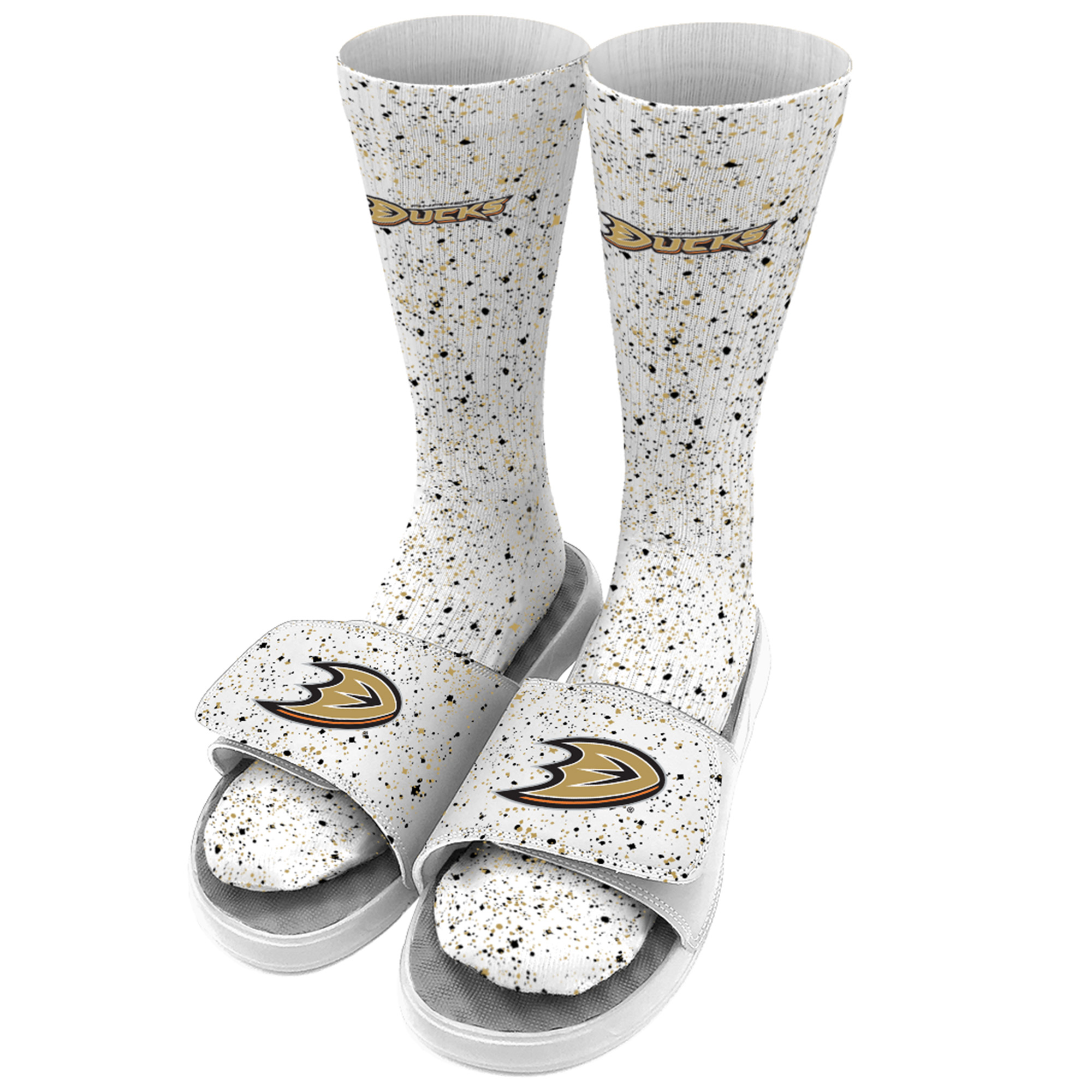Youth ISlide White Anaheim Ducks Speckle Socks & Slide Sandals Bundle