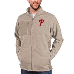 Men's Antigua Oatmeal Philadelphia Phillies Course Full-Zip Jacket