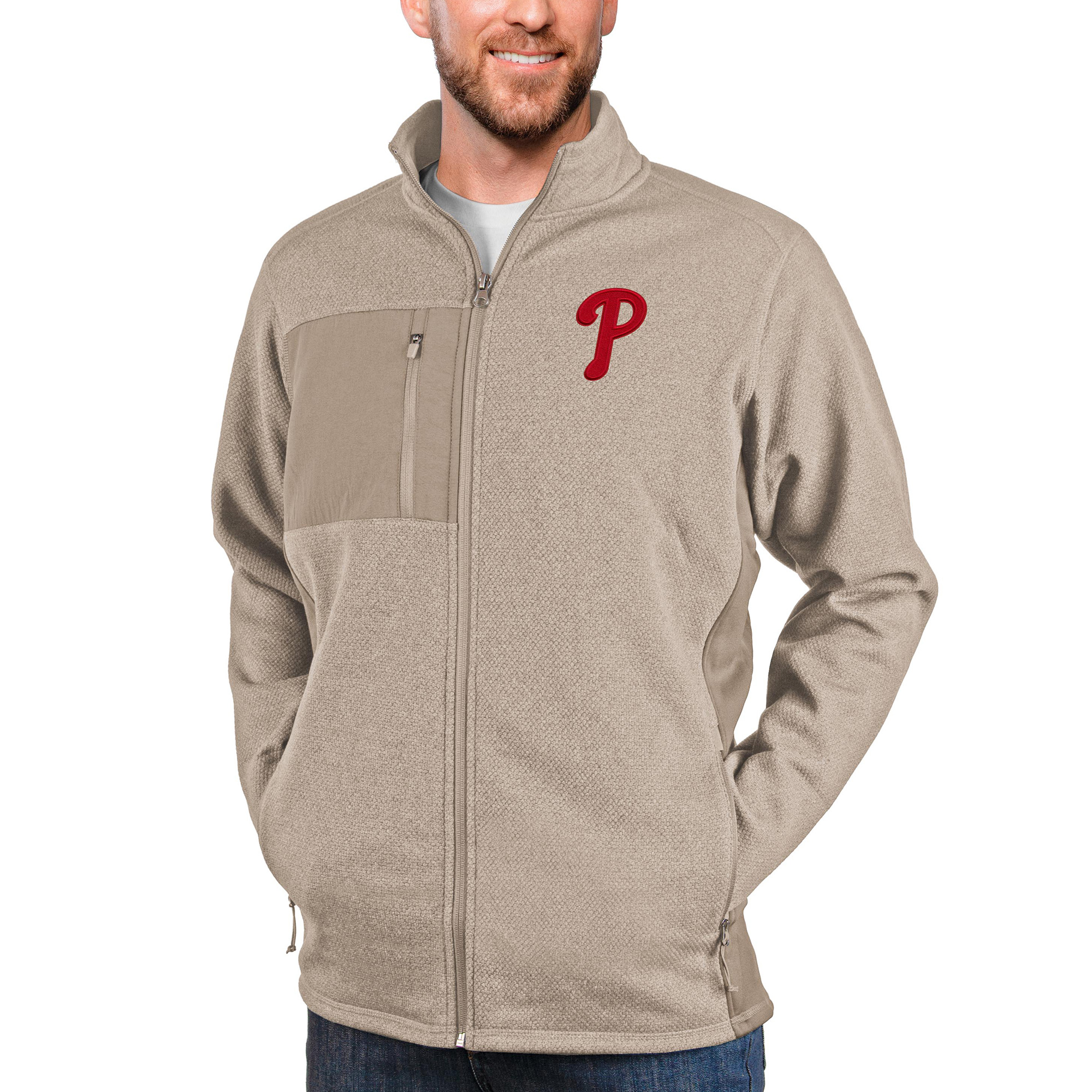 Men's Antigua Oatmeal Philadelphia Phillies Course Full-Zip Jacket