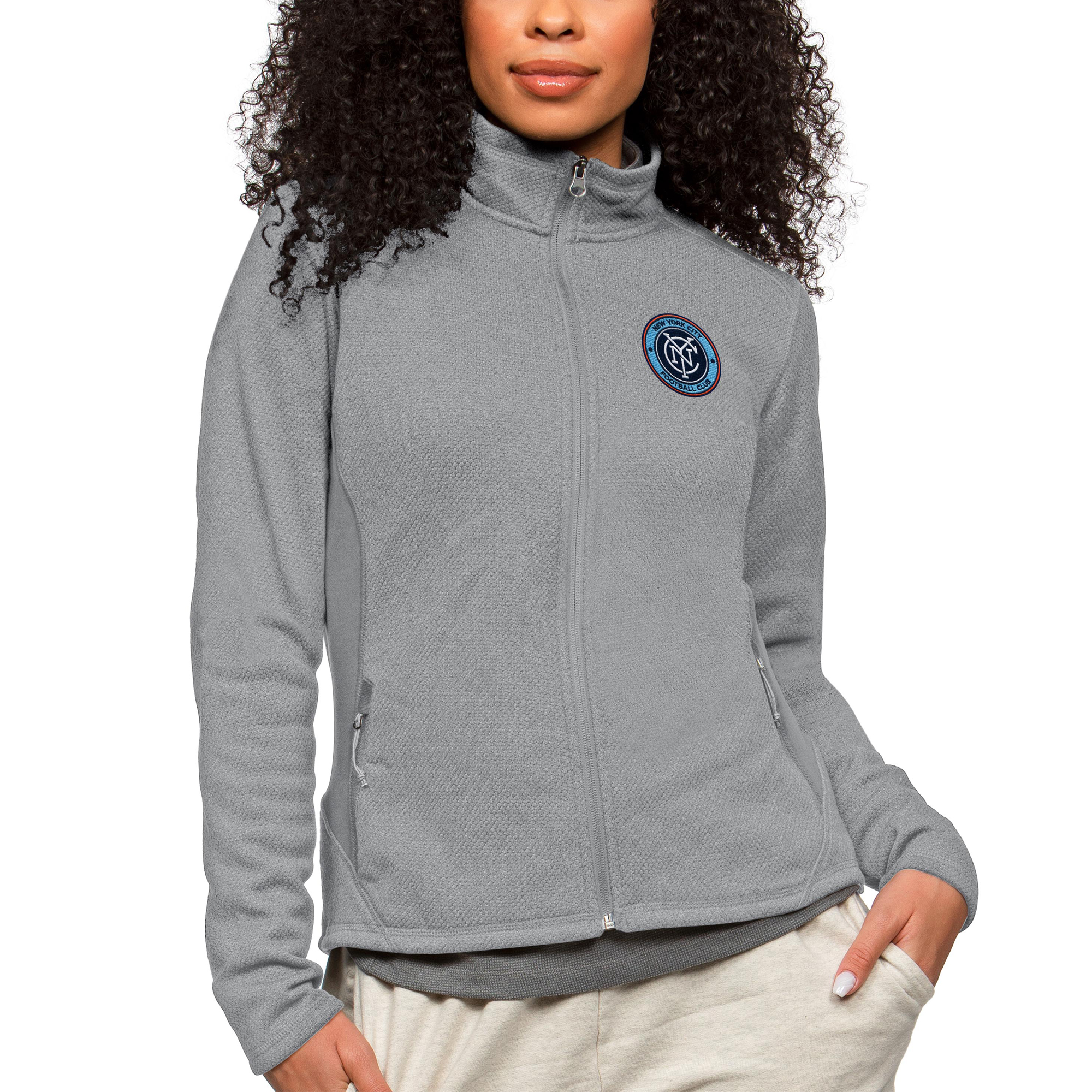 Women's Antigua Heather Gray New York City FC Team Logo Course Full-Zip Jacket
