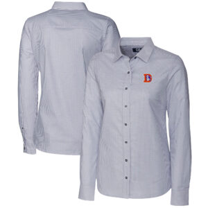 Women's Cutter & Buck Charcoal Denver Broncos Throwback Logo Stretch Oxford Stripe Long Sleeve Button-Up Shirt