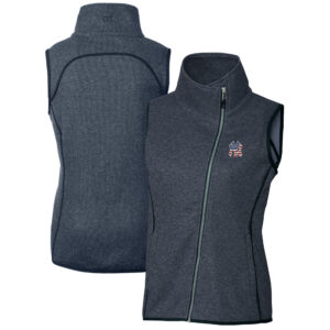 Women's Cutter & Buck Heather Navy New York Yankees Americana Logo Mainsail Sweater-Knit Full-Zip Asymmetrical Vest