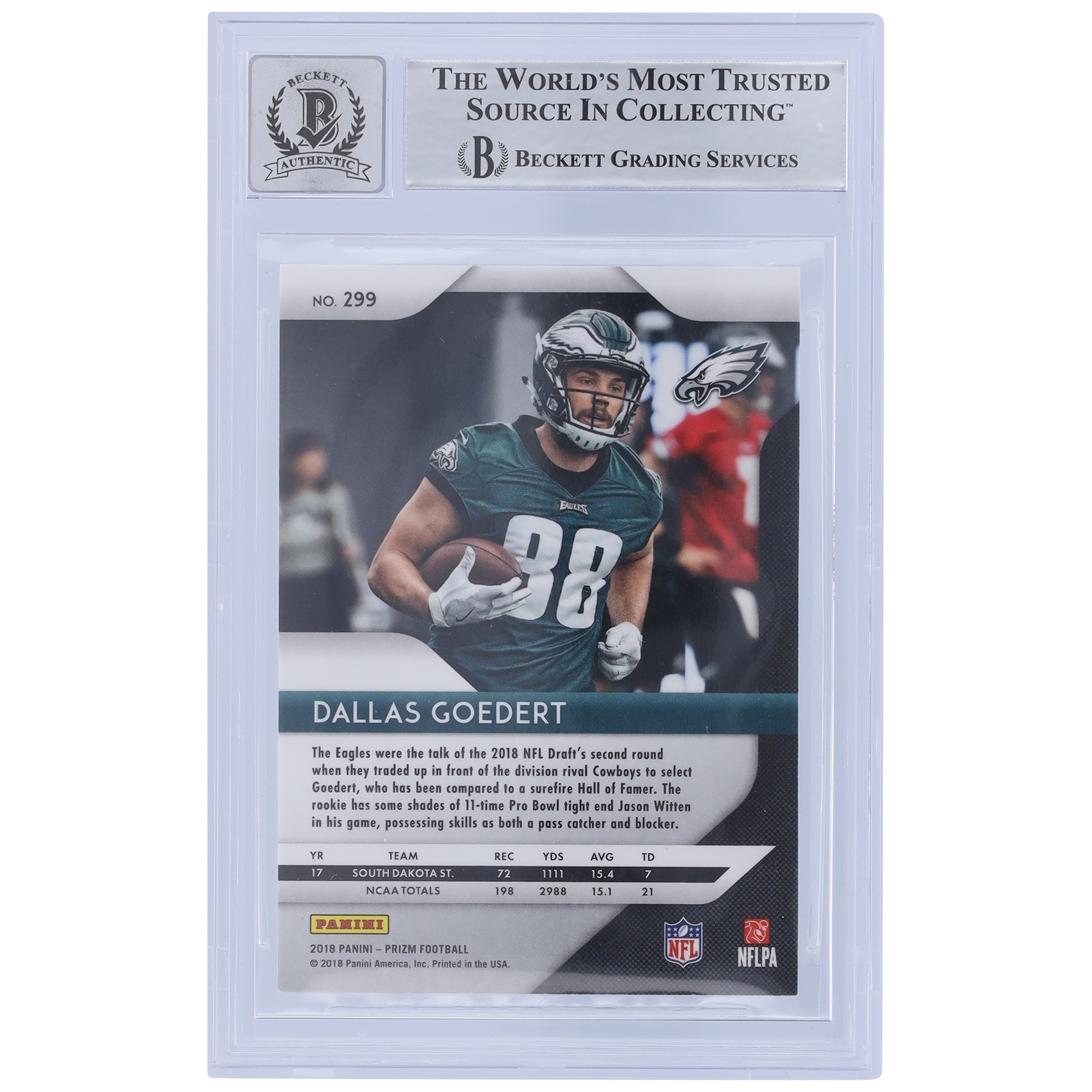 Dallas Goedert Philadelphia Eagles Autographed 2018 Panini Prizm #299 Beckett Fanatics Witnessed Authenticated 10 Rookie Card with "Fly Eagles Fly" Inscription - Image 3