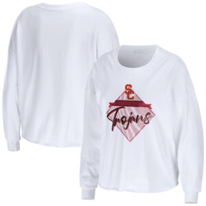 Women's WEAR by Erin Andrews White USC Trojans Diamond Long Sleeve Cropped T-Shirt