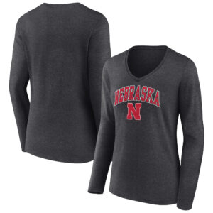 Women's Heather Charcoal Nebraska Huskers Campus Long Sleeve V-Neck T-Shirt