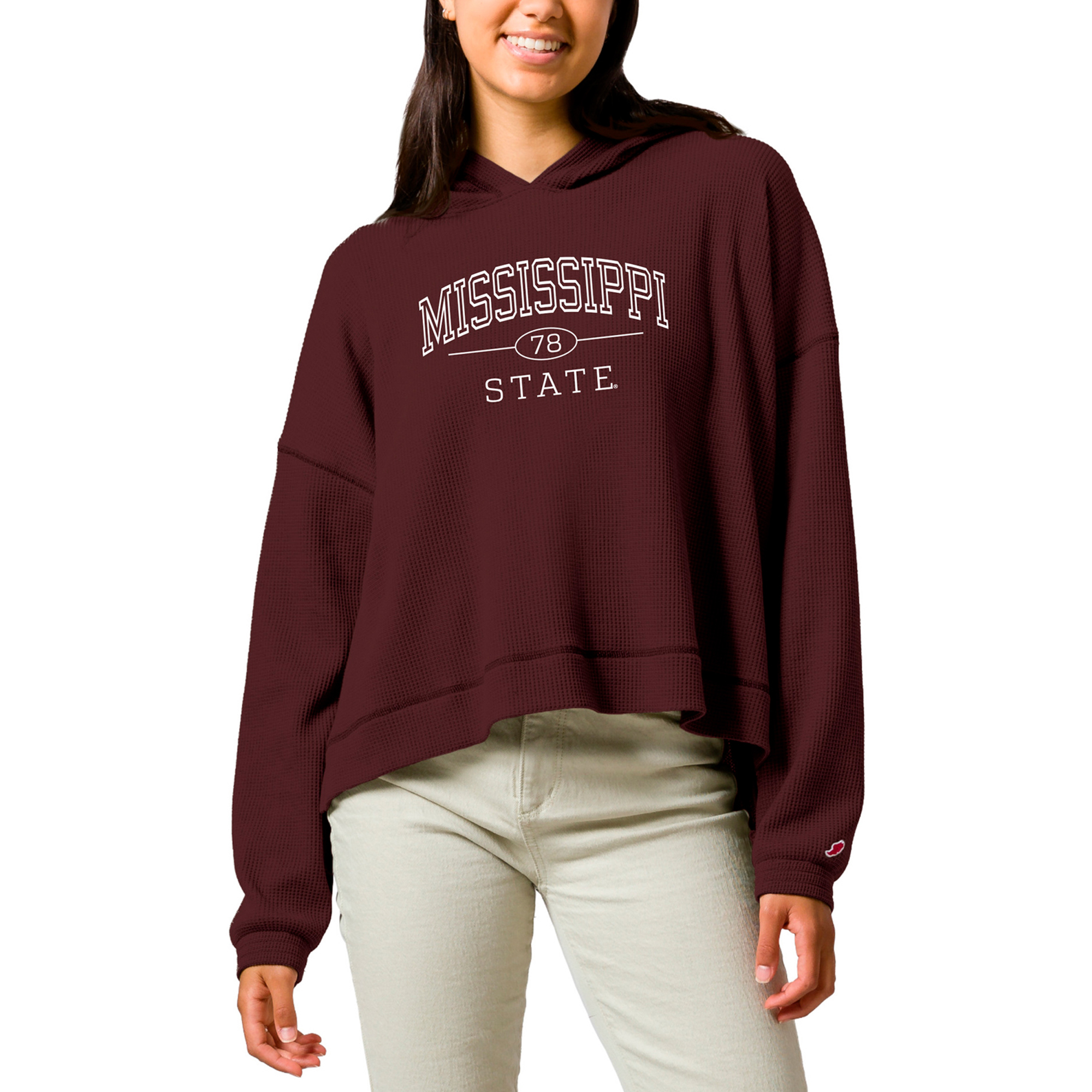 Women's League Collegiate Wear Maroon Mississippi State Bulldogs Waffle Oversized Long Sleeve Hoodie T-Shirt
