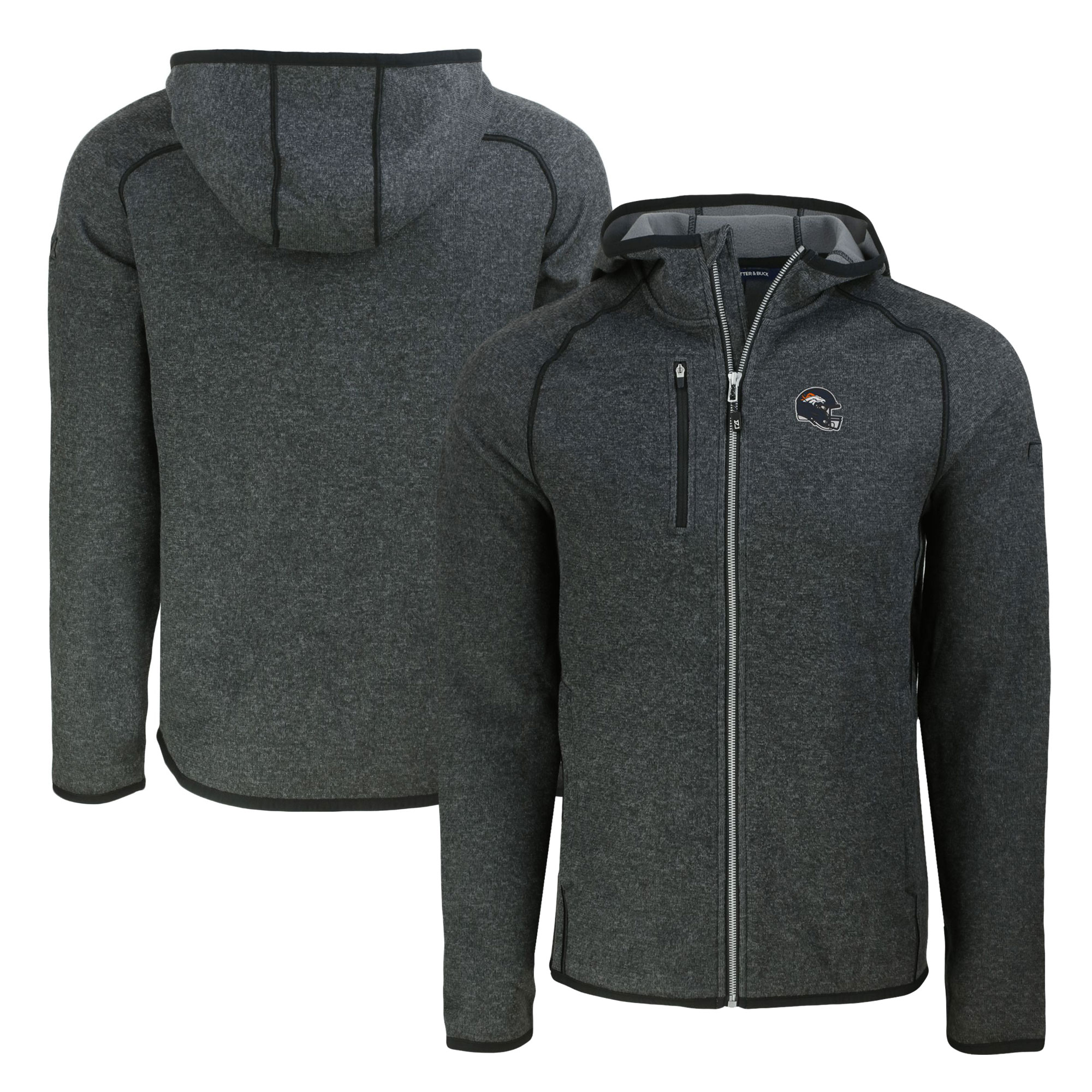 Men's Cutter & Buck Heather Charcoal Denver Broncos Helmet Mainsail Sweater-Knit Full-Zip Hoodie