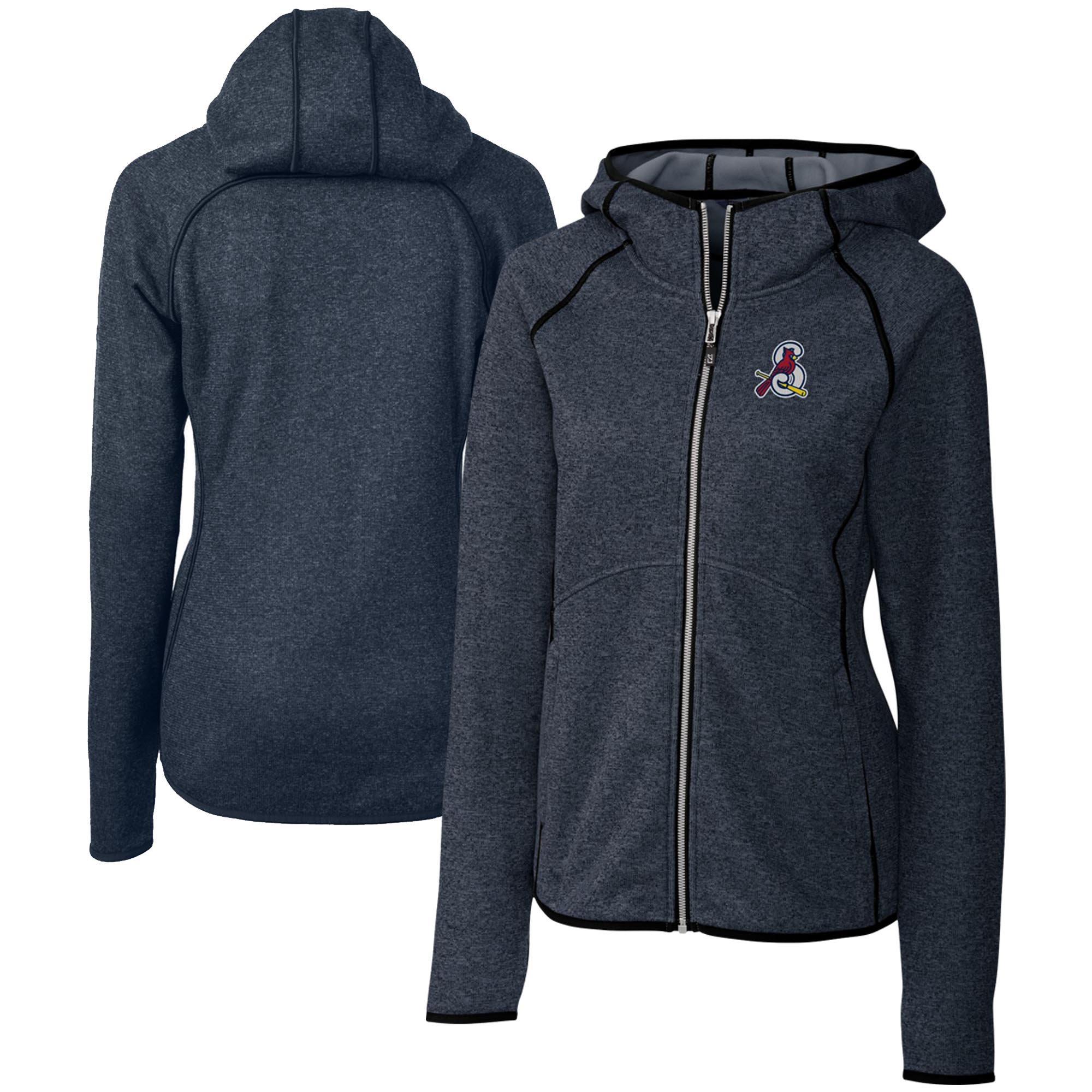 Women's Cutter & Buck Heather Navy Springfield Cardinals Mainsail Sweater Knit Raglan Full-Zip Hoodie