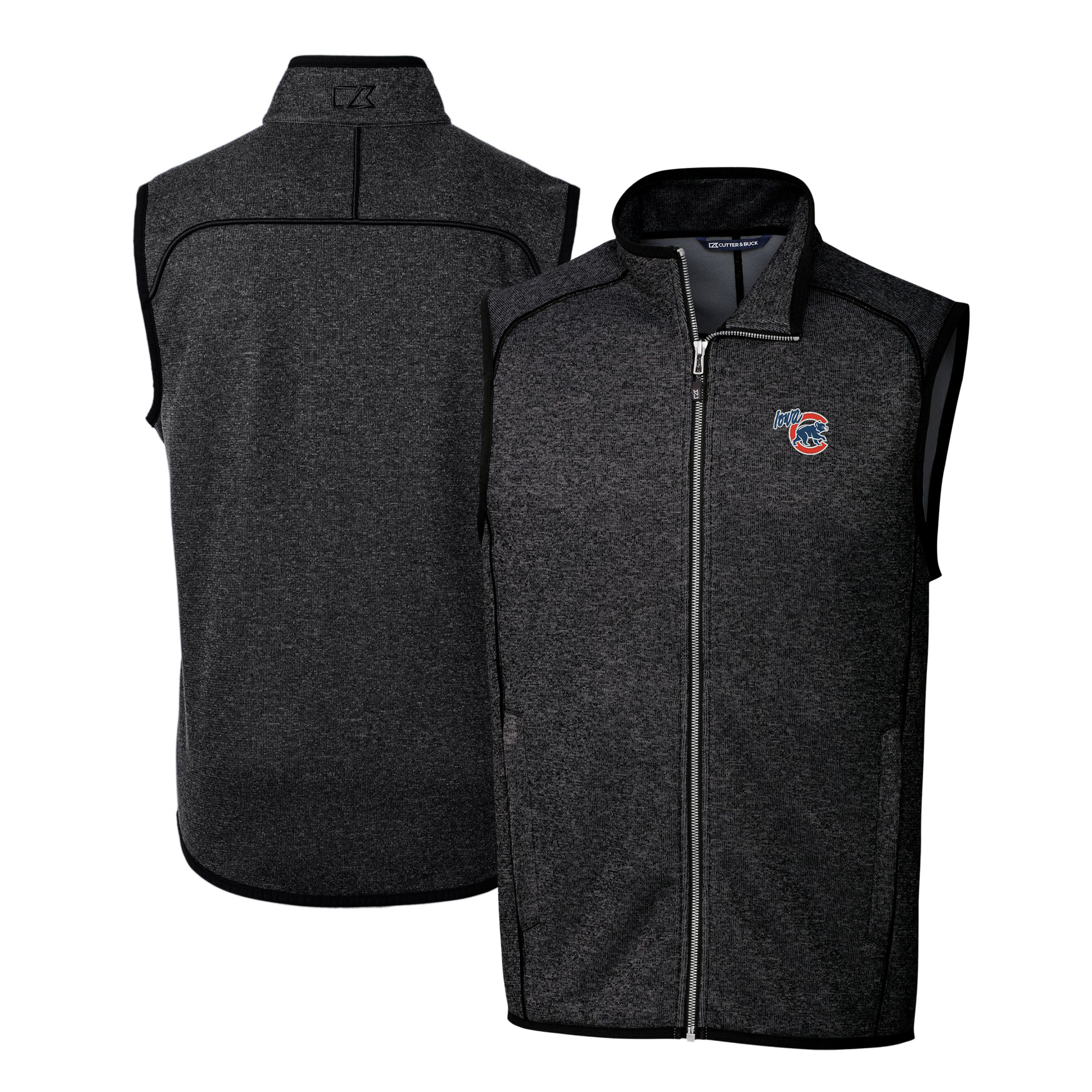 Men's Cutter & Buck Heather Charcoal Iowa Cubs Mainsail Sweater-Knit Full-Zip Vest