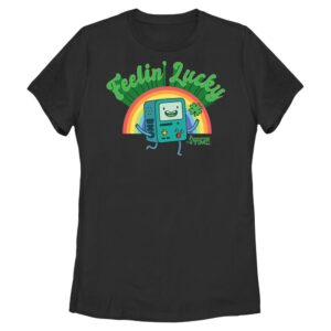 Women's Mad Engine Black Adventure Time Feelin' Lucky St. Paddy's Day Graphic T-Shirt