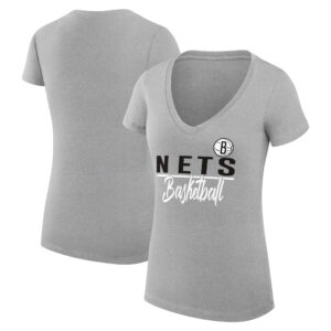 Women's G-III 4Her by Carl Banks Heather Gray Brooklyn Nets Team Sport Fitted V-Neck T-Shirt
