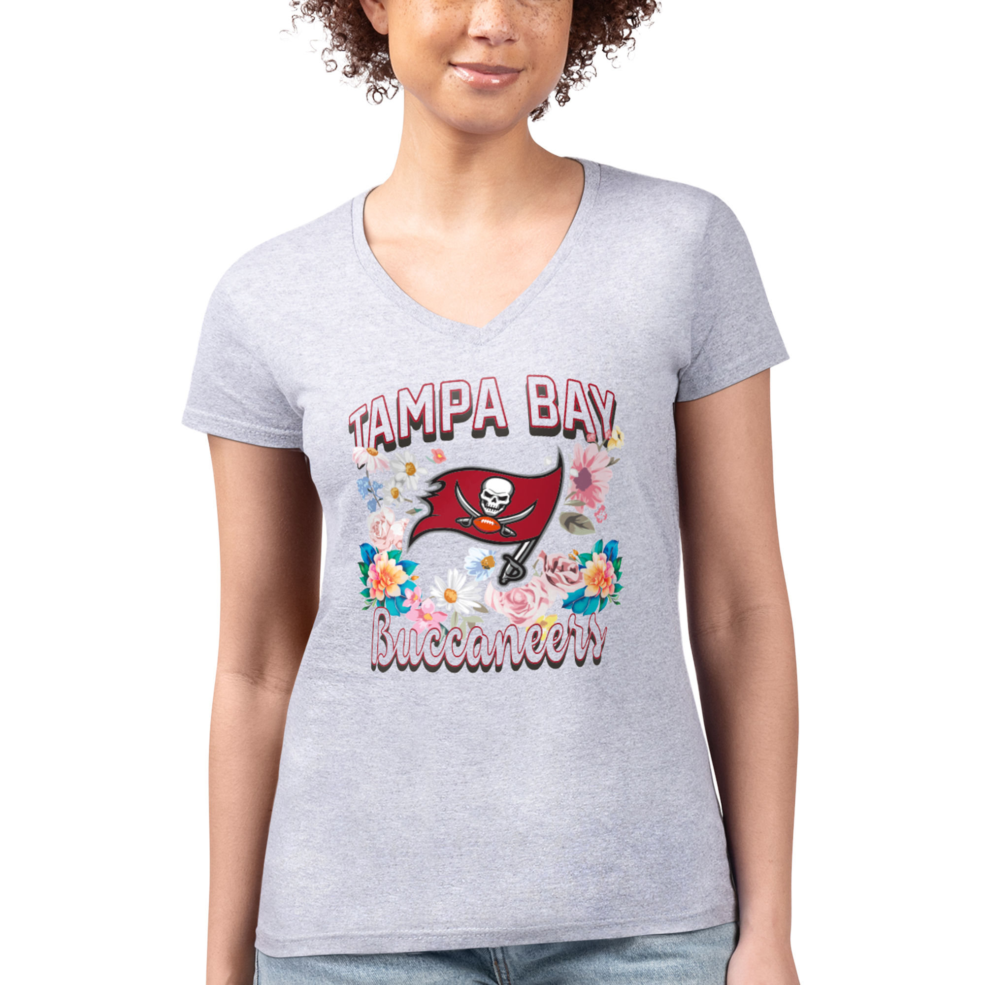 Women's G-III 4Her by Carl Banks Heather Gray Tampa Bay Buccaneers Flowers Team Logo Graphic Fitted V-Neck T-Shirt